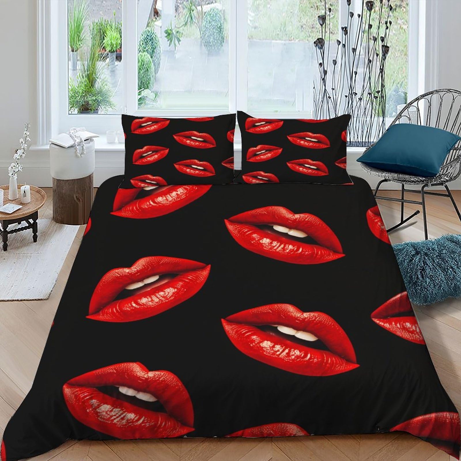 Housse de couette rouge 220x240 motif lèvre parure de lit king 2 personnes microfibre