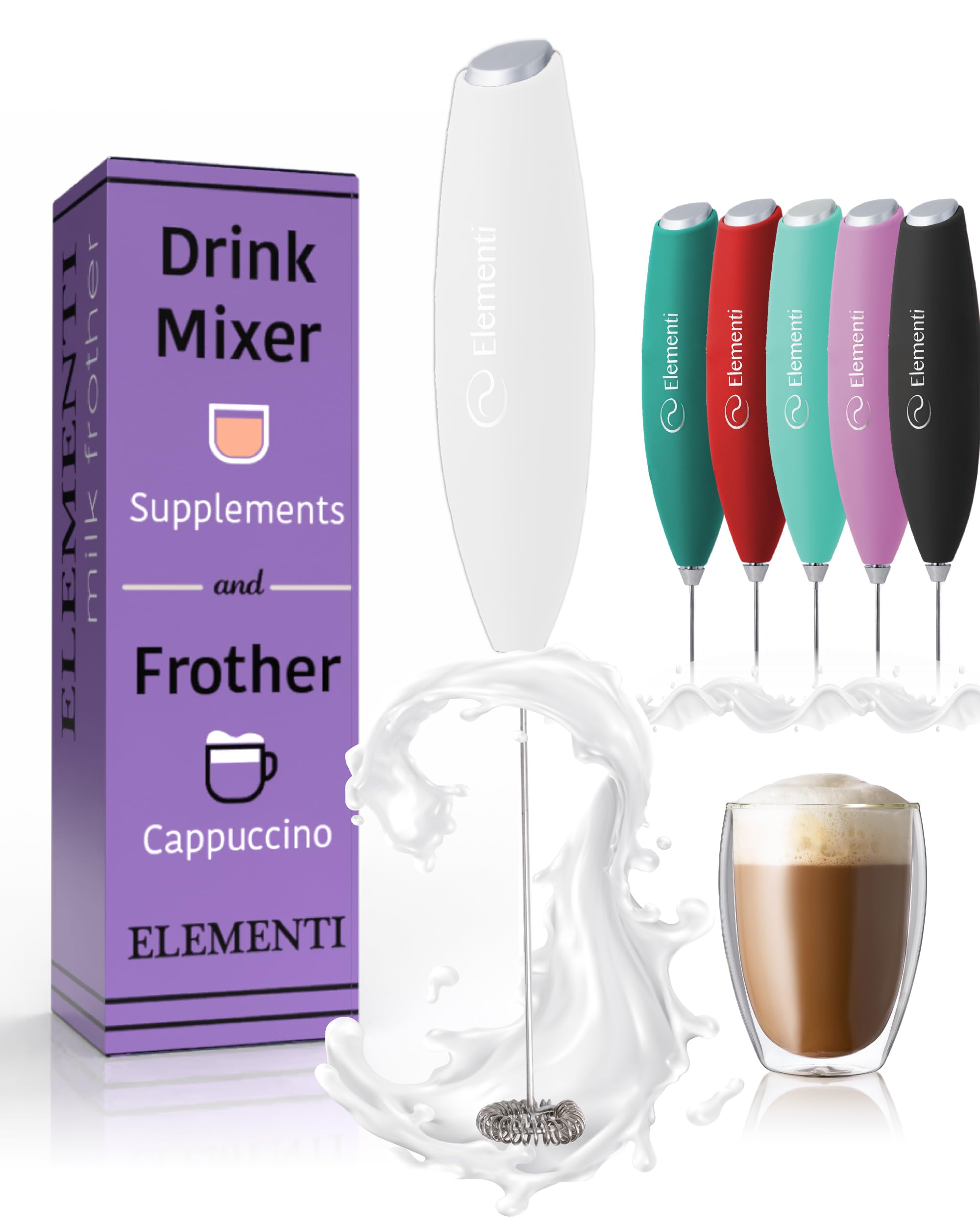 Elementi Milk Frother Handheld, Powerful Mini Coffee Frother Whisk, Hand Held Coffee Whisk Electric & Frappe Maker