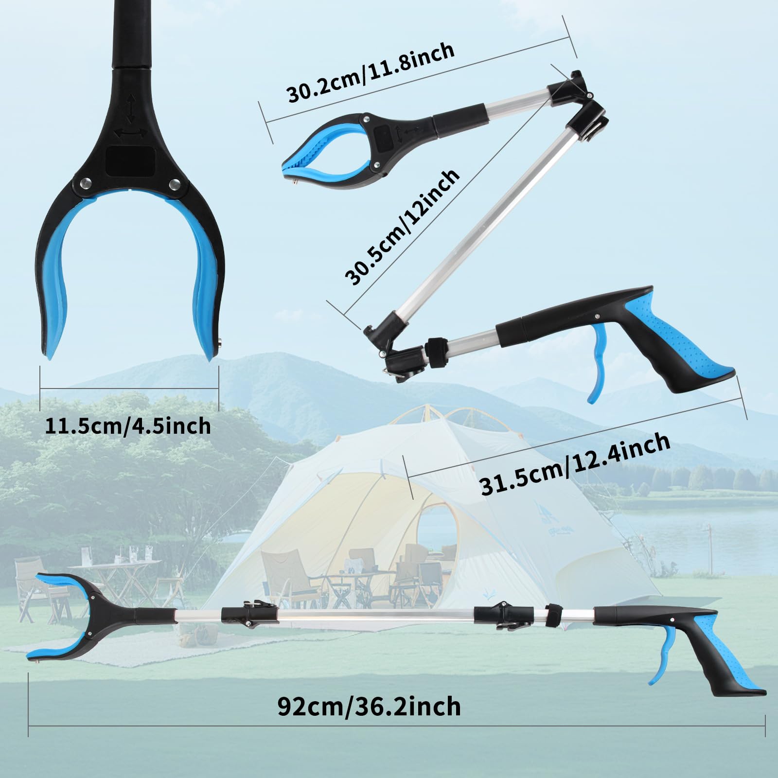 91cm Pinza telescopica, Strumento per la Raccolta di Rifiuti Pieghevole in Alluminio con Punta Magnetica, Morsetto in Gomma e Testa Rotante 360°, Presa Robusta (Blu)