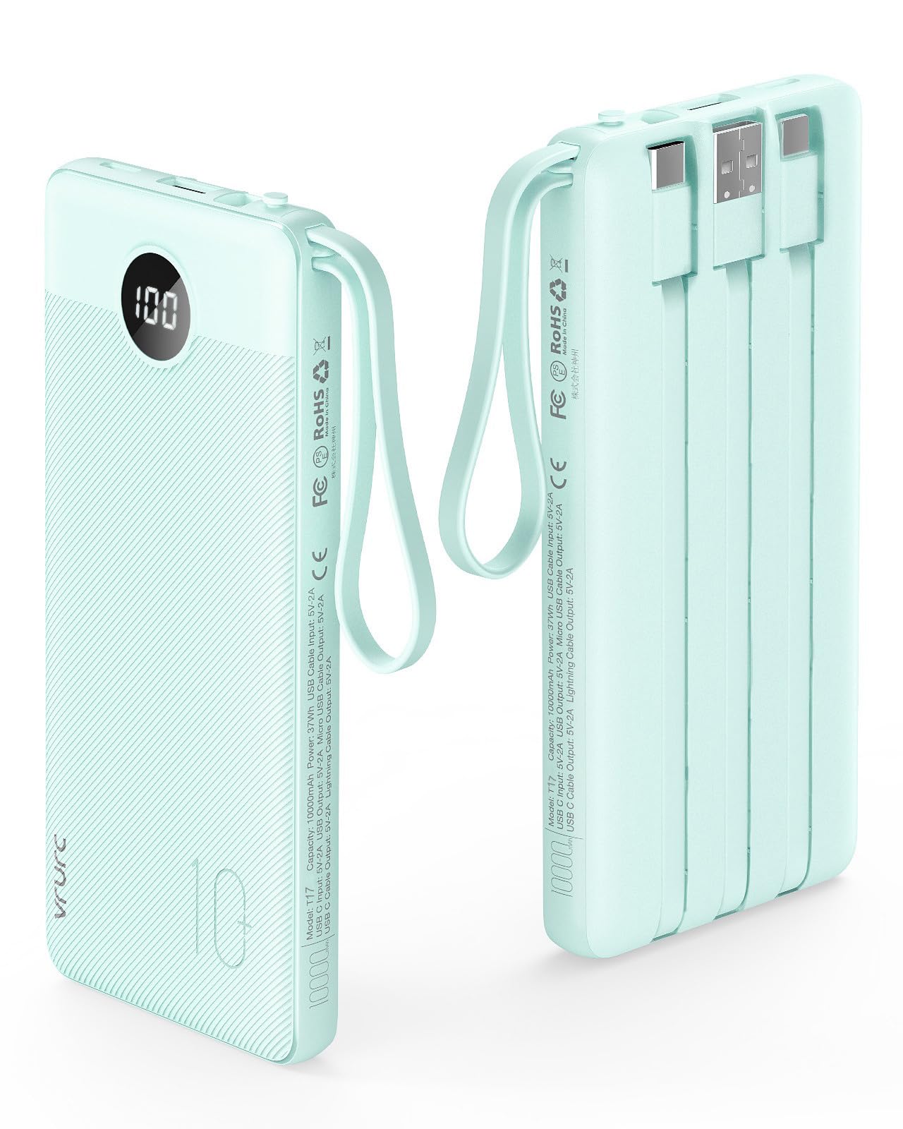 VRURC Portable Charger, 22.5W Fast Charging Power Bank Built‑in 4 Cables | 10000mAh Slim Lightweight Travel Battery Pack for iPhone, Samsung & Multi Devices, Pocket‑Friendly with Lanyard-Green(1 Pack)