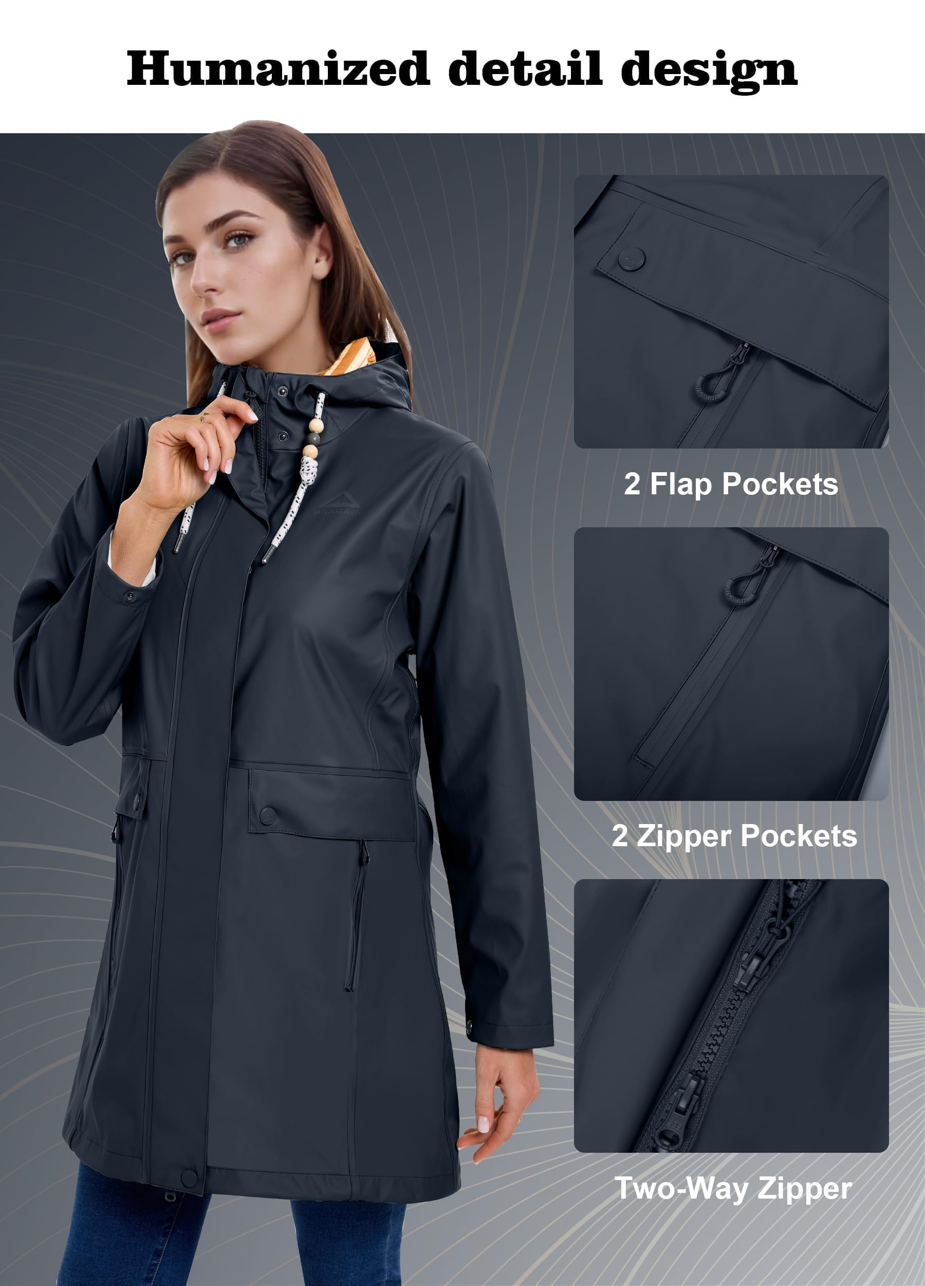 ATLASLAVA Regenjacke Damen Lang Wasserdicht Regenmantel mit Kapuze PU Trenchcoat für Outdoor Wandern Camping S-XXL
