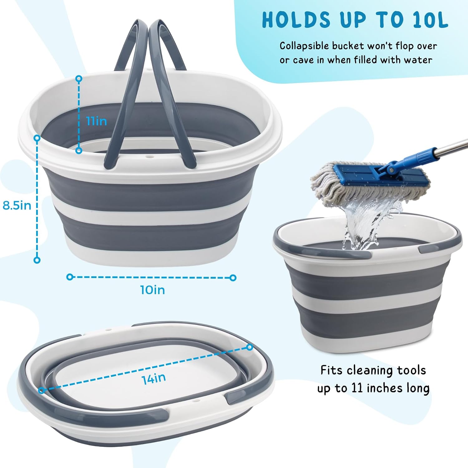 Collapsible Water Bucket with Handle, 10L(2.6 Gallon) Foldable Plastic Bucket for Mopping, Window Cleaning, Car Washing, Fishing, Ice Buckets for Camping, Portable Household Organizer Caddy