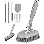 SetSail 4-in-1 Tile Tub Floor Scrubber with 52-inch Long Adjustable Handle Shower Cleaner Brush with V-Shaped Grout Brush and 3 Replacement Brush Heads for Bathroom Kitchen Sink Walls Tub Tile, Grey