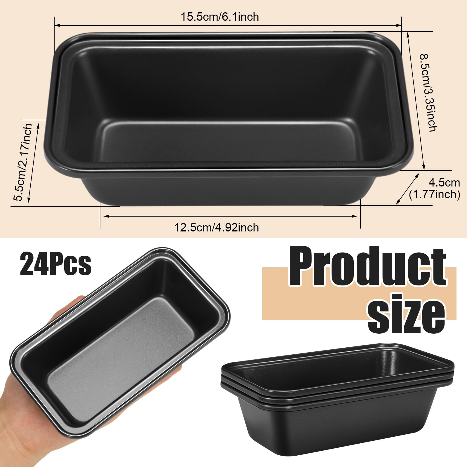 Uiifan 24 mini moldes para hornear pan, antiadherentes, pequeñas latas de pan de plátano de 6.1 x 3.3 x 2.1 pulgadas, antiadherente, de acero al carbono, para horno y hornear (gris oscuro)