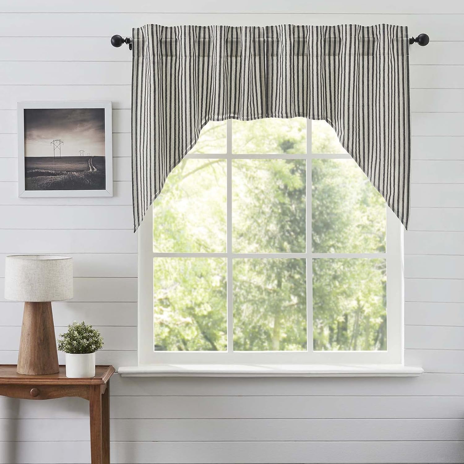 VHC Brands Ashmont Grey Ticking Stripe Farmhouse Swag Curtain Set 36x36x16