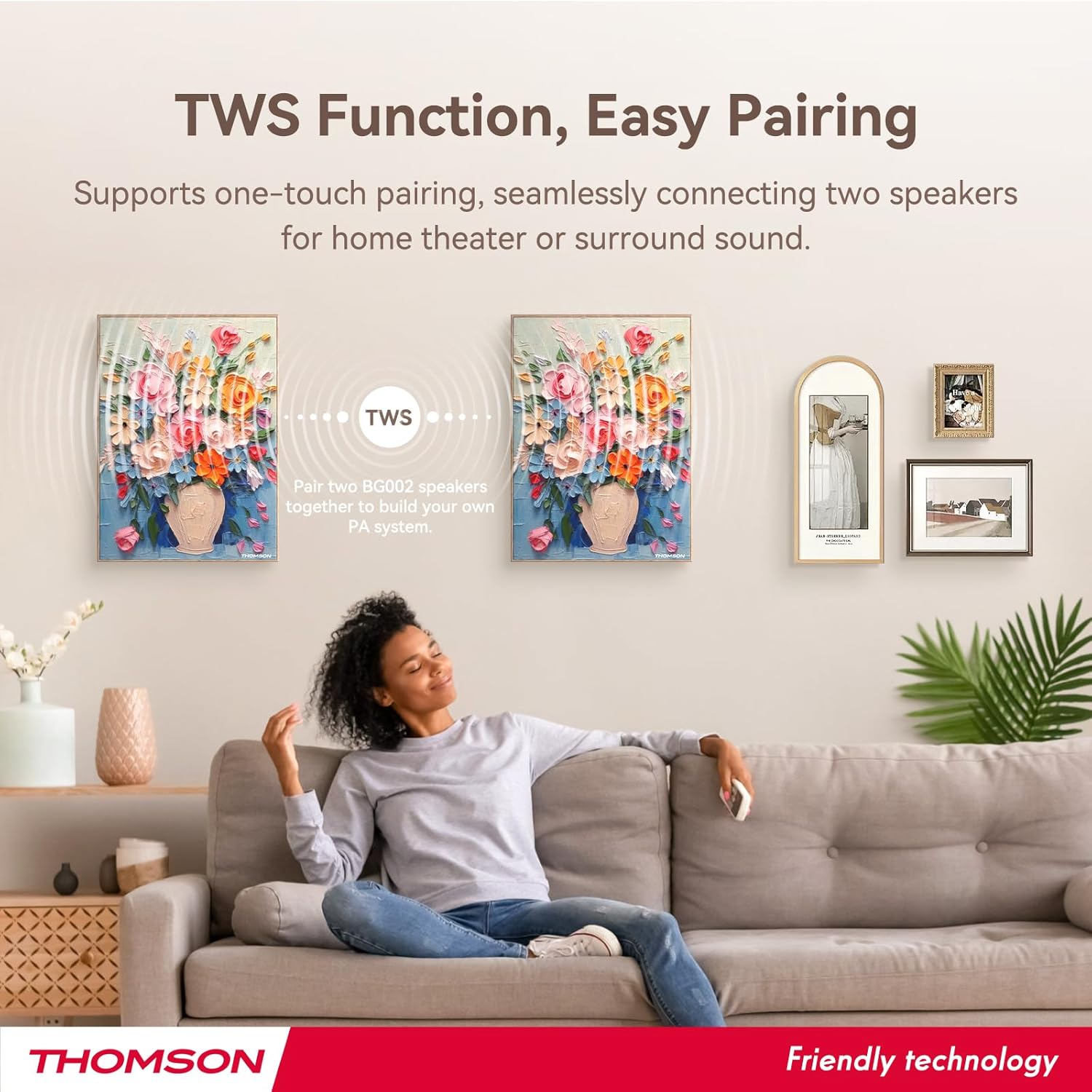 THOMSON Wireless Bluetooth Speakers with Art Painting Decoration,Ceiling Wall Mounted,Built-in Battery Wall Speakers, Remote Control,Suitable for Bedroom, Office, Living Room, Hotel, Restaurant