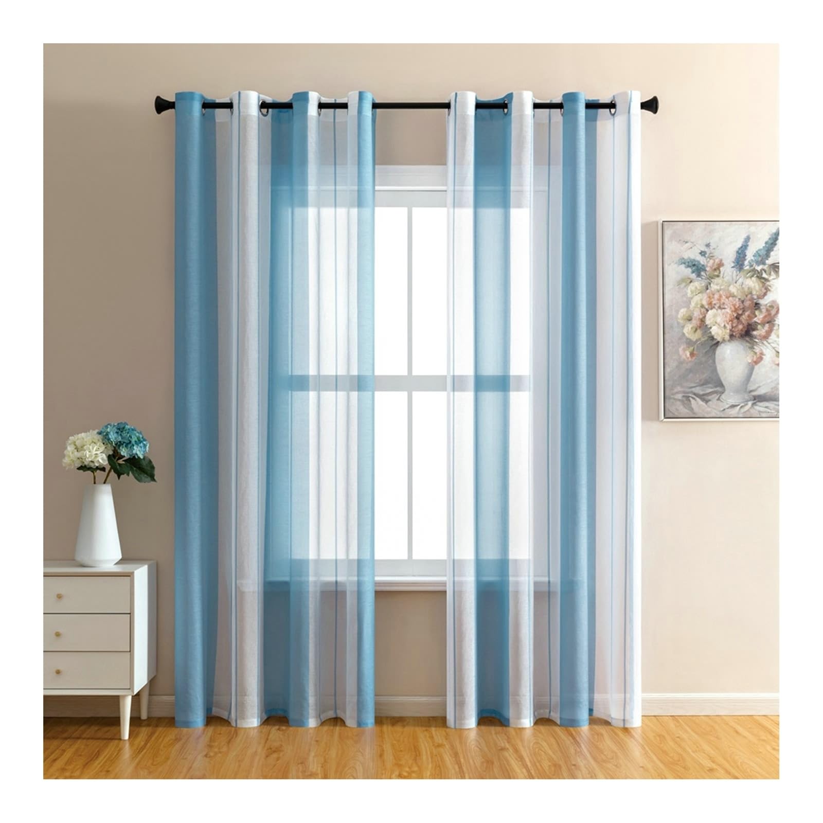 Vorhänge Blau 160 cm Lang, Polyester mit Ösen 2 Stück Elegant Transparente Voile Vorhänge für Schlafzimmer, H160 x B96 cm