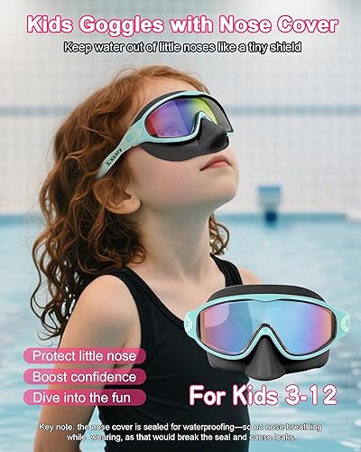 Miniatura 7 de Keary Paquete de 2 gafas de natación para niños con cubierta de nariz para 3-12, anti-UV, antivaho, para piscina, agua, para niños, niñas, jóvenes y