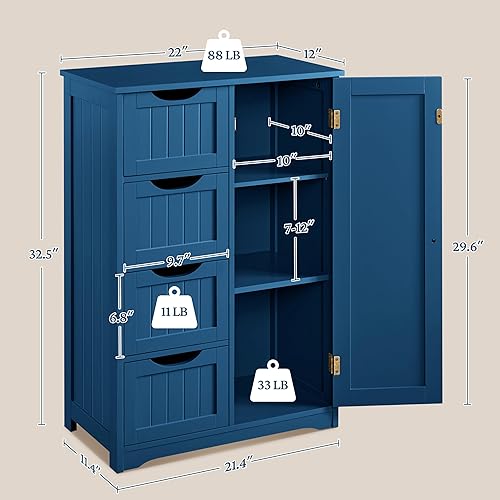 Miniatura 3 de Yaheetech Armario de Piso de Madera para Baño, Organizador de Almacenamiento Lateral con 4 Cajones y 1 Alacena, Unidad de Almacenamiento de Entrada