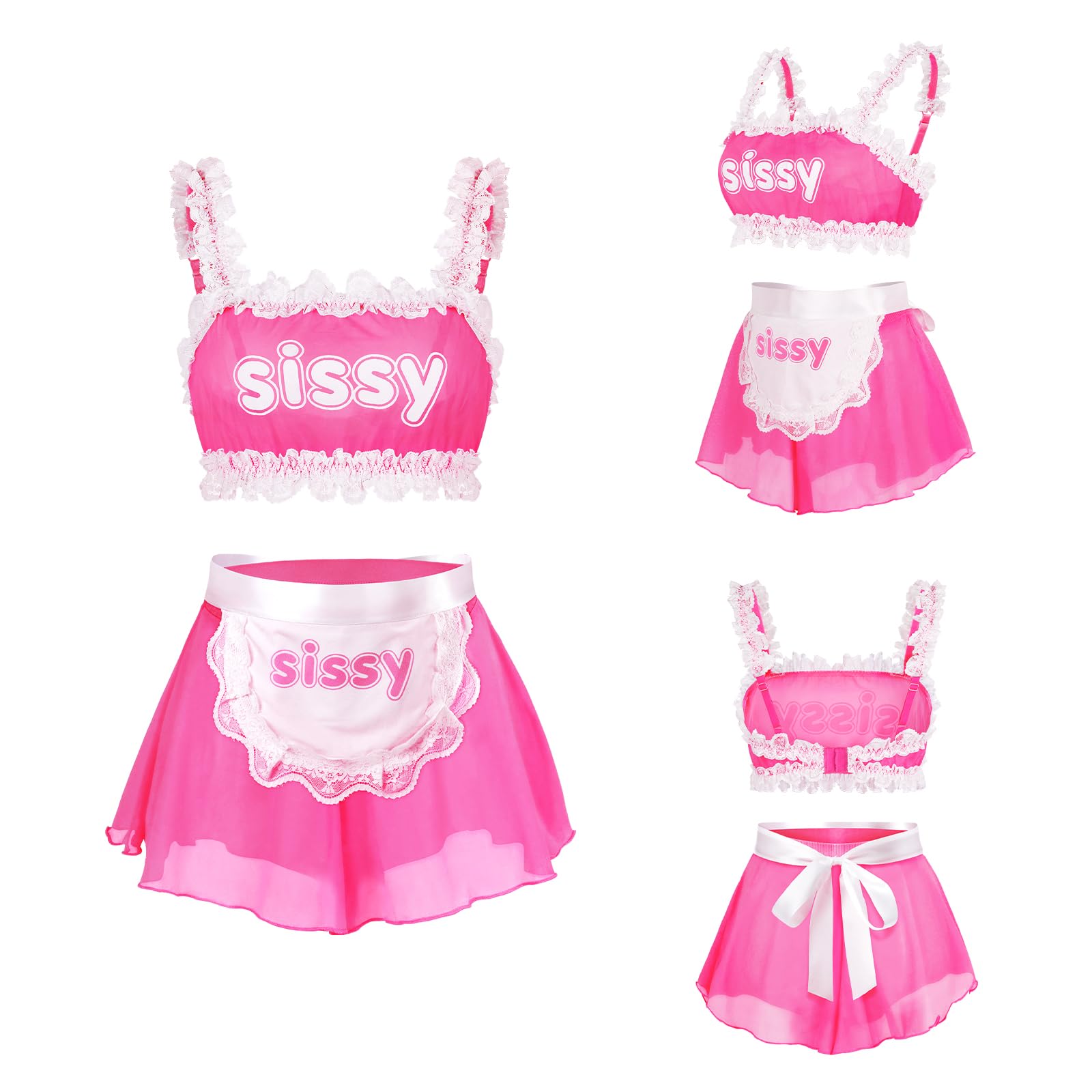 LittleForBig Unisex regulowana koronkowa bielizna nocna bielizna nocna z siateczki, odzież wypoczynkowa, Sissy Maid przezroczyste braletki rocked zestaw majtek ze zdejmowanym fartuchem