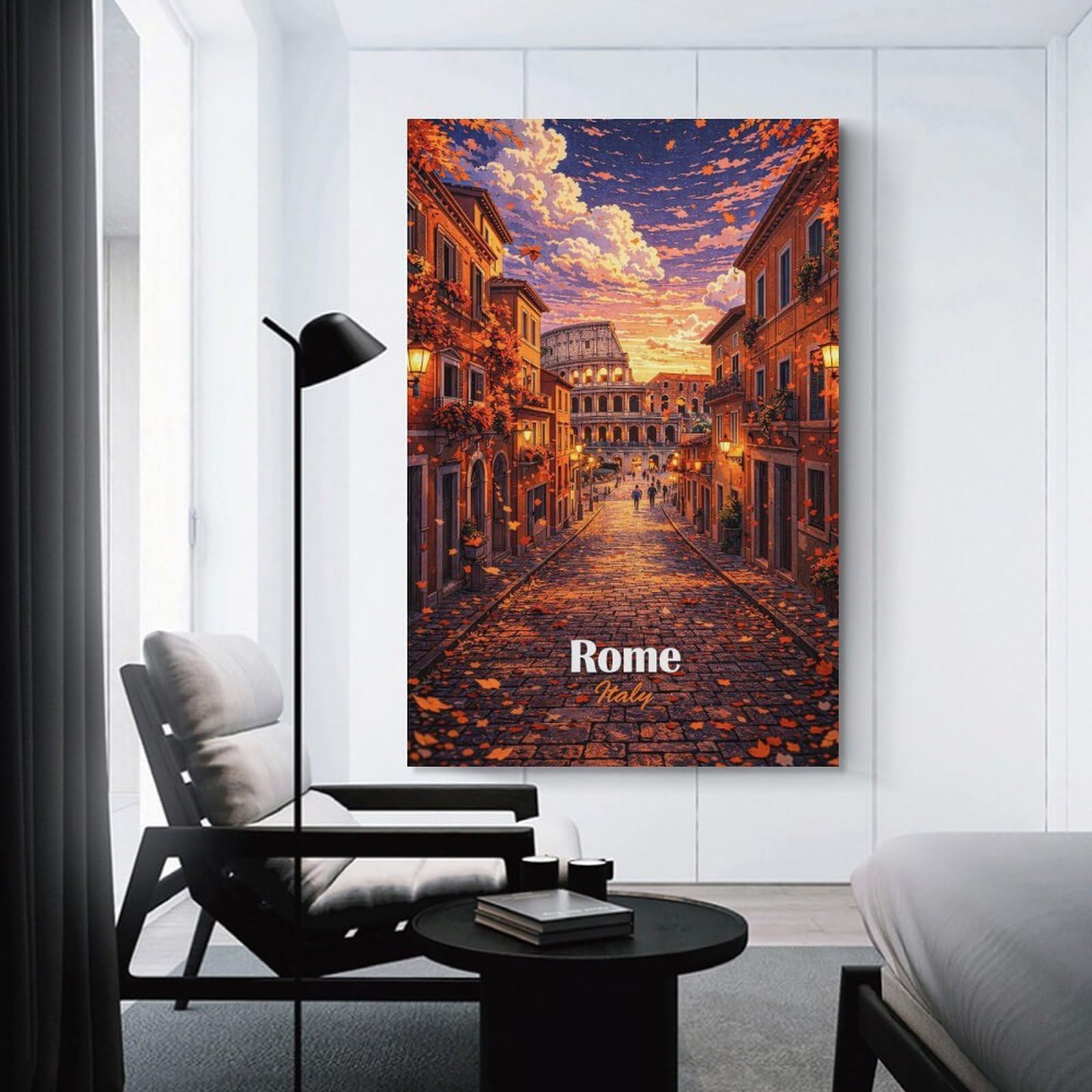 Junmoney Hanging Wall Art Rome Street with Colosseum at Sunset, 24x36inch(60x90cm), for Work Areas, Reading Rooms Or Studios, Wall Art That Adds Style to Work Areas