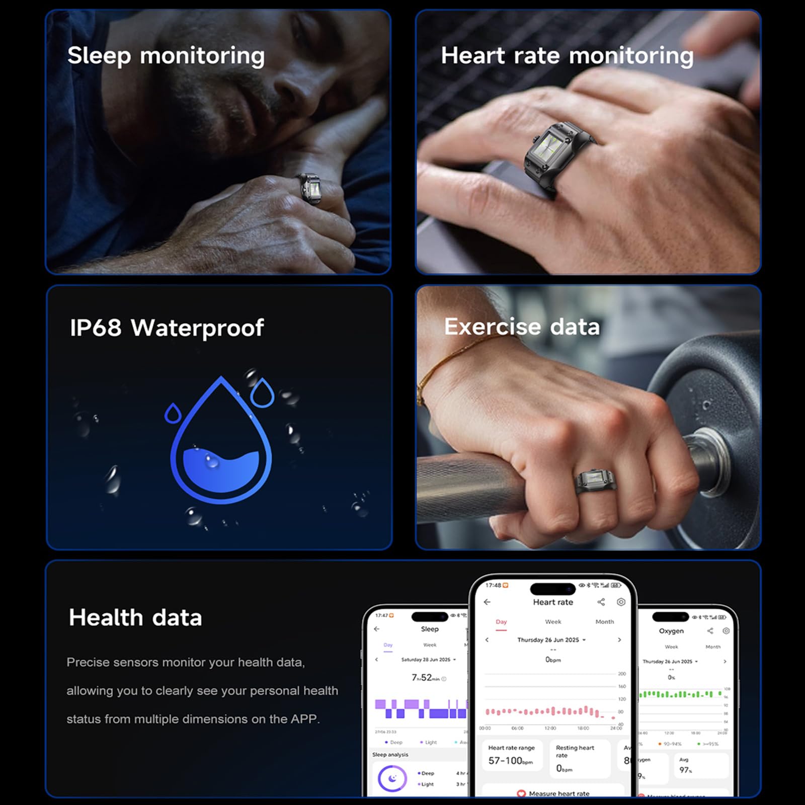 Smart Ring - Anello da uomo e da donna, analogico, al quarzo, per il fitness, per il fitness, per il fitness, per la frequenza cardiaca, contapassi, per il sonno, per il fitness, elastico, in metallo