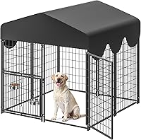 SuchownDiret 4x4x4.5ft Heavy Duty Metal Outdoor Dog Kennel with 360° Rotating Door, 2 Bowls & Waterproof UV Roof for Small/Large Dogs