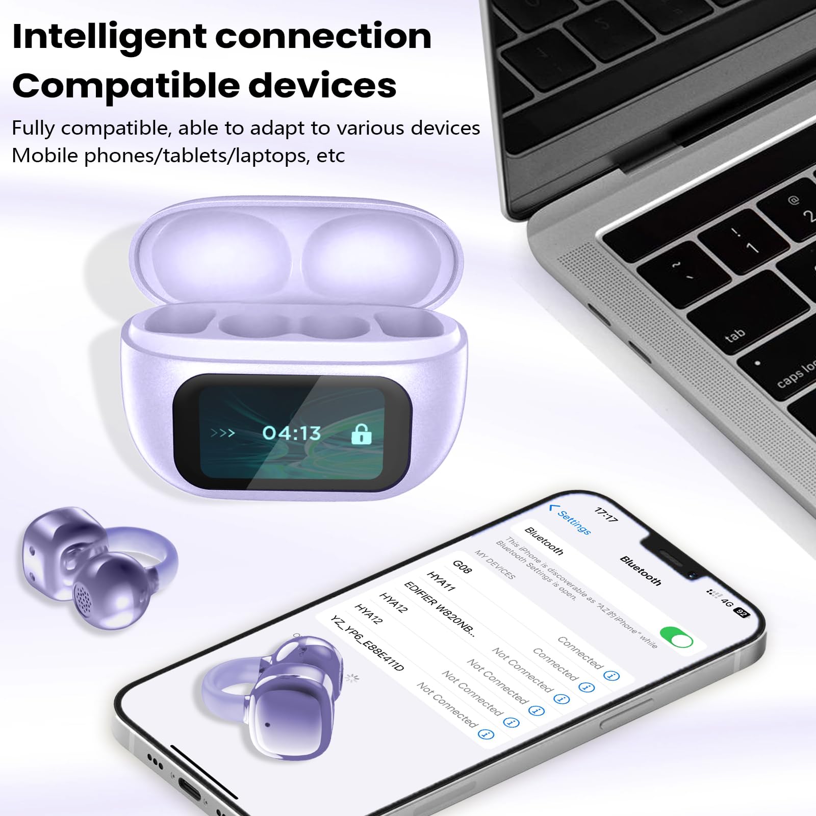 PTHTECHUS Cuffie Auricolari Aperte, Touchscreen Intelligente Auricolare Con Clip, Cuffia Traduzione, 3.7g Ultraleggero Comfort, 65 ore di Riproduzione, Auricolari Open Ear Bluetooth 5.4 (VIOLA)