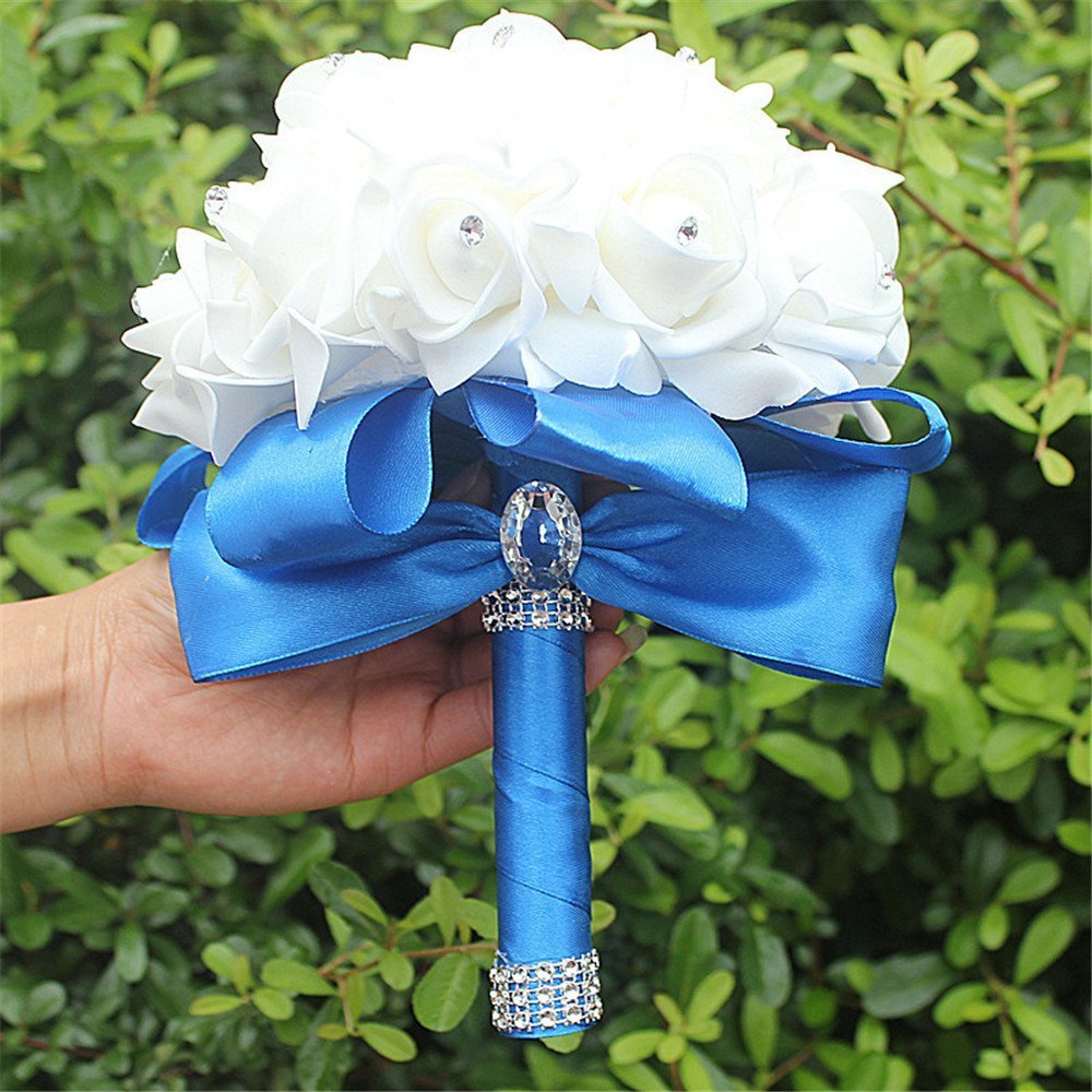 Fouriding Bride Bouquet, PE Handmade Artificial Crystal Roses Bridal Bridesmaid Wedding Silk Holding Flowers Bouquets Diamond Ribbon Wedding Decoration,Royal Blue,Pack of 4
