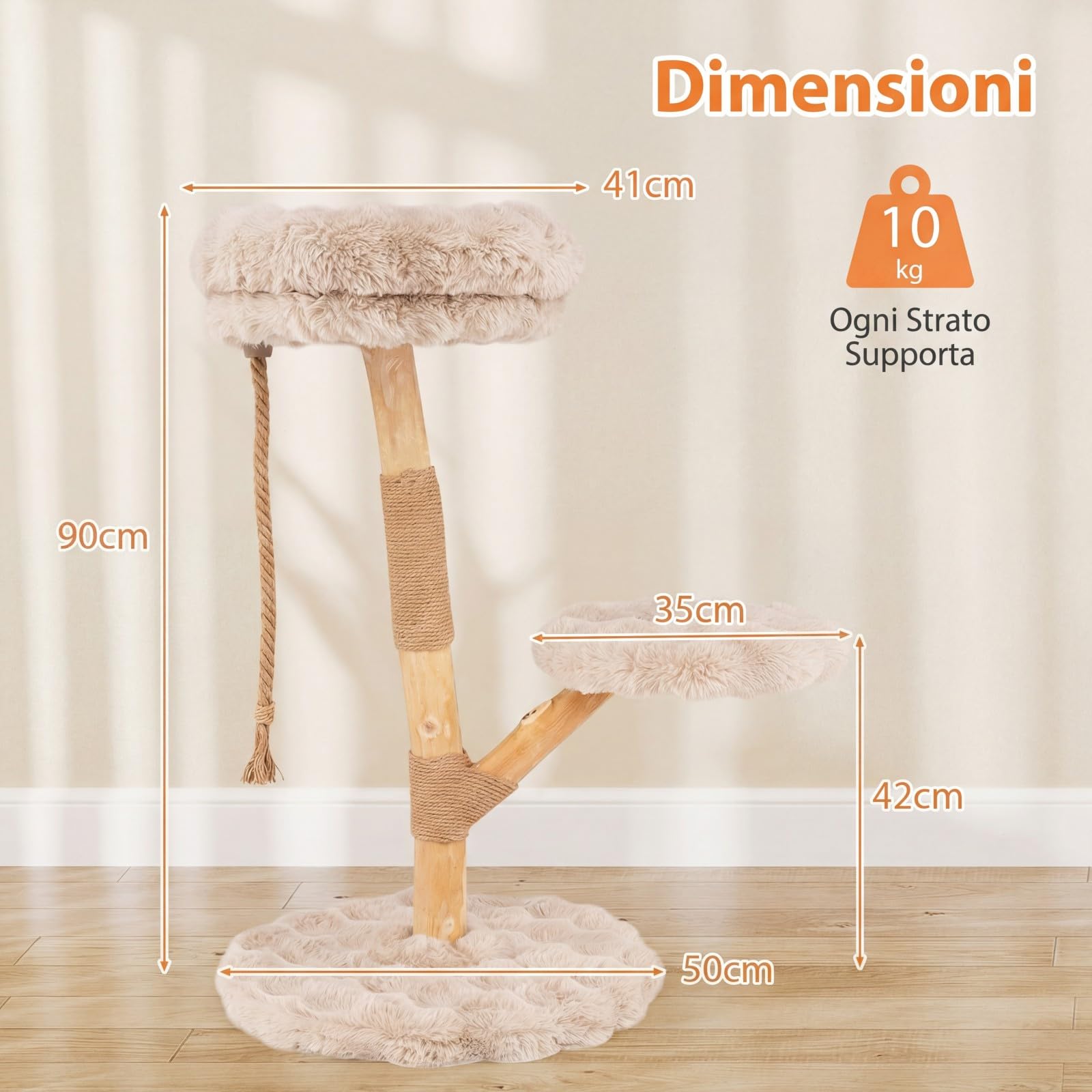 COSTWAY Albero per Gatti 90 cm, Torre Moderna in Legno con Piattaforme, Tiragraffi in Luta Naturale e Corda, Albero Tiragraffi per Animali Domestici (Beige)