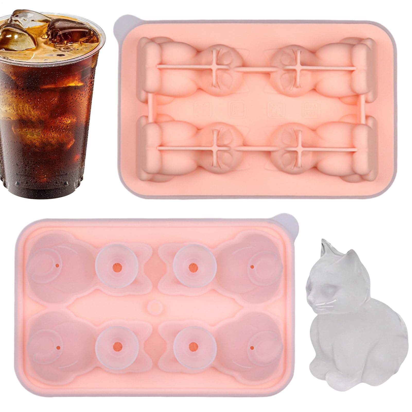 Muiltvoe Ice Cubes Mold, 4 Cavities 3D Cat Ice Cubes Tray, Cartoon Animal Mold Box for Whiskey, Cocktails, Juice, Bourbon, Kitchen, Parties, Drinking, Food, Camping, Travel
