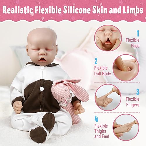 Miniatura 4 de Vollence Muñecas de bebé de silicona para dormir de 18.5 pulgadas que se ven reales, muñecas sin vinilo, muñecas de silicona real abierta con boca
