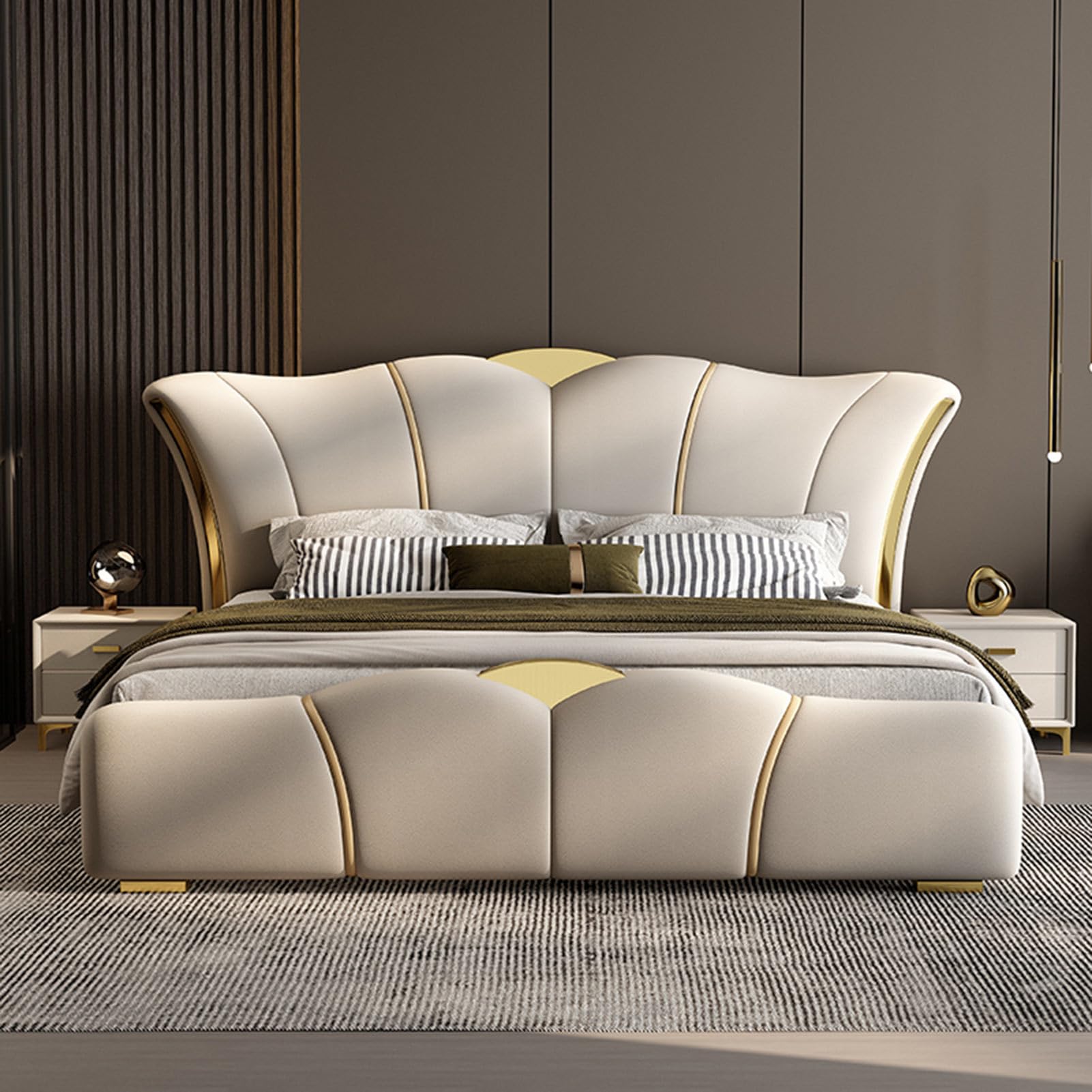 Luxury King Size Genuine Leather Bed Set Upholstered Platform Bed Frame with Headboard and Lift Up Storage Strong