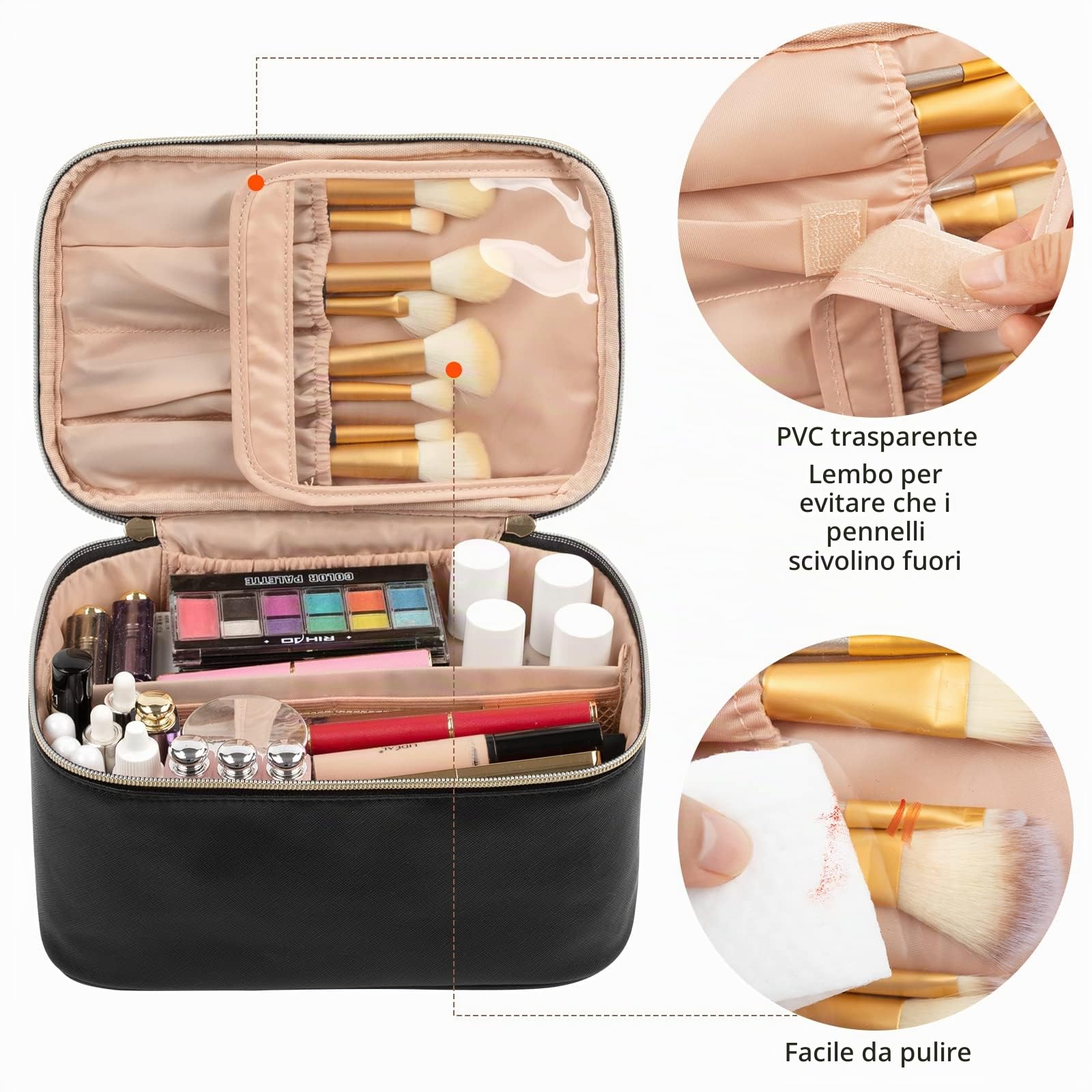Borsa per il trucco, borsa cosmetica portatile, organizer per il trucco da viaggio, grande capacità, nera per donne, borsa da toeletta per ragazze con manico e divisorio da viaggio, A-Nero, Da viaggio