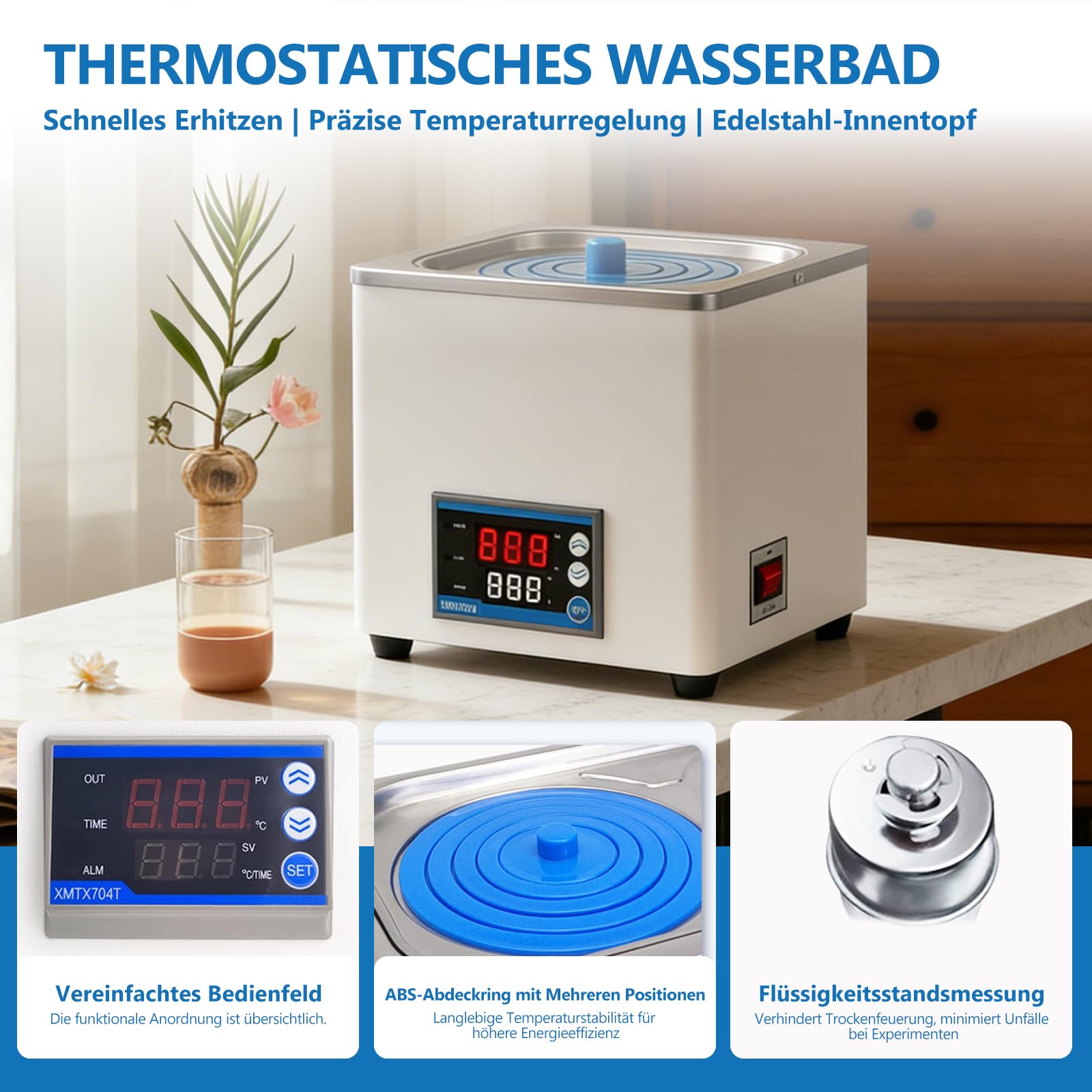 Digitales Labor Wasserbad 300W, 3L Laborwasserbad Thermostatisches Wasserbad Topf mit Timerfunktion, Digitale Wasserbadheizung mit Edelstahl-Innenbehälter für Labor und Forschung