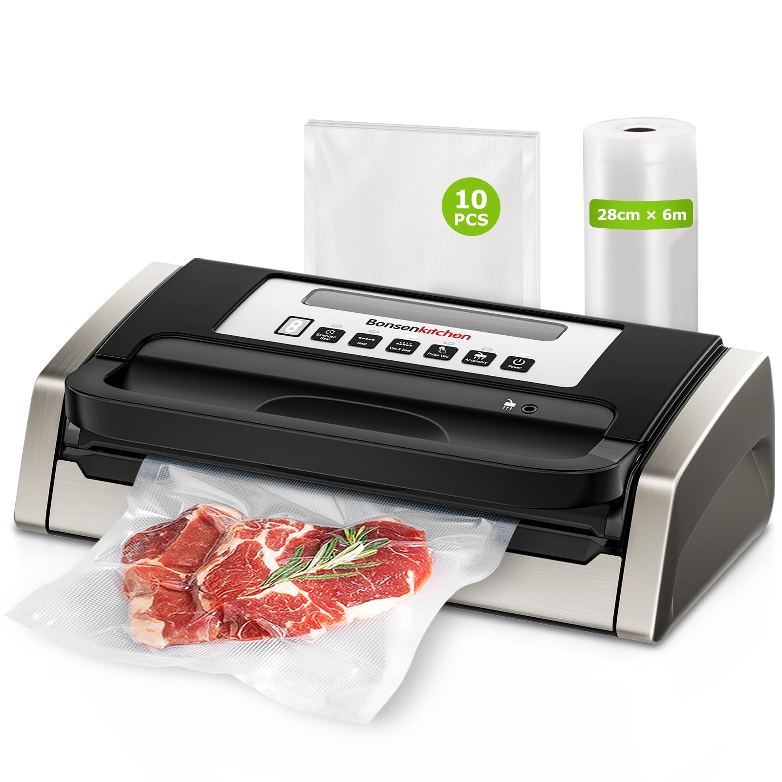 Bonsenkitchen Vacuum Sealer Machine, Globefish Technology for Powerful Vacuum Sealing, Low-Noise, Built-in Cutter and Bag Storage, Includes 1 Roll and 10 Vacuum Bags, VS4100