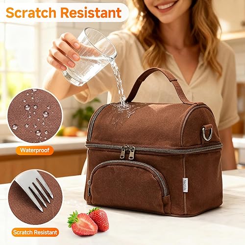 Miniatura 6 de Bolsa de almuerzo de lona encerada para hombres, pequeñas bolsas enfriadoras suaves aisladas con 2 bolsas de hielo, bolsas de almuerzo para mujer