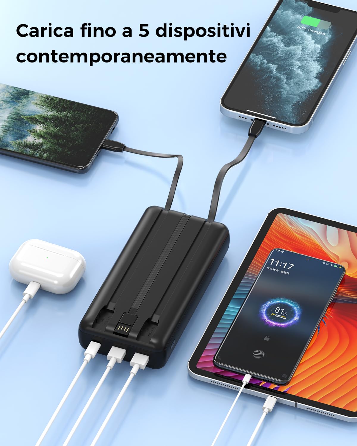 Batería Externa de 50000 mAh, Carga rápida PD de 30 W con 3 Cables Integrados, 5 Salidas y 2 entradas, Pantalla LED, Carga portátil para iPhone, etc