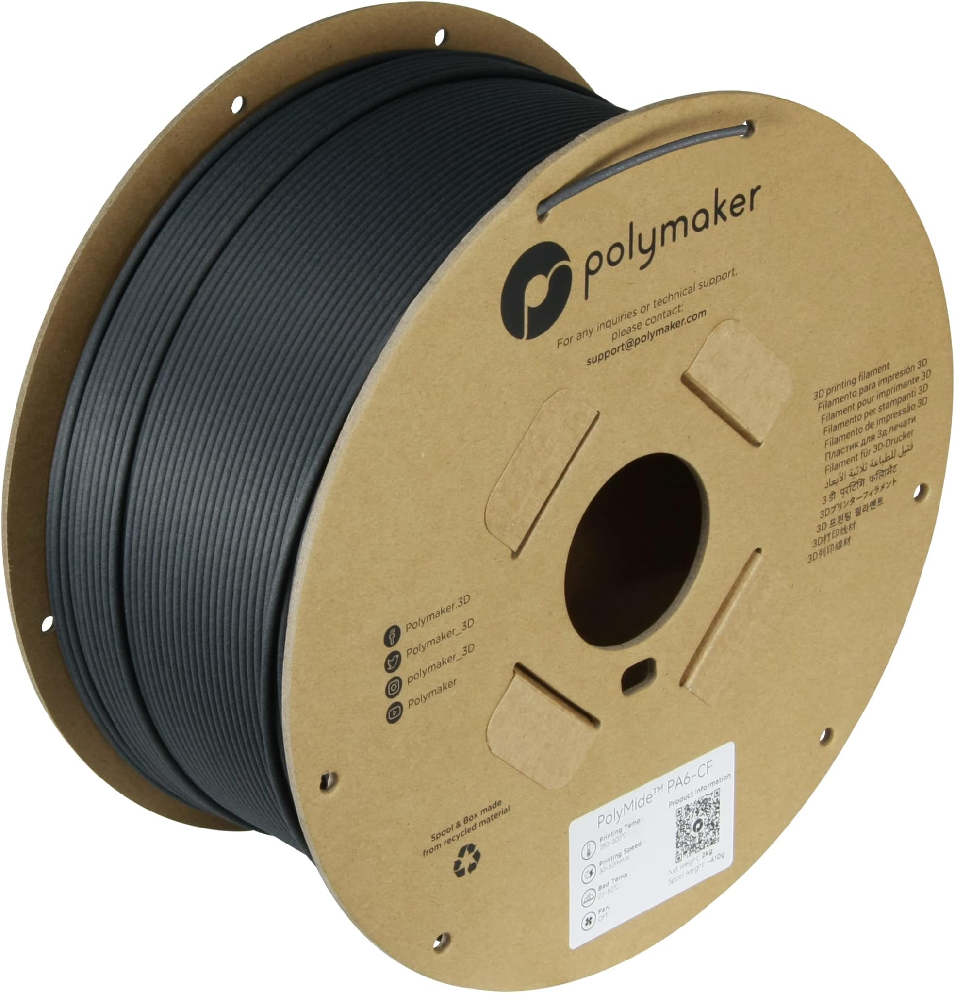 Polymaker 2.85mm 2kg Black PA6-CF Nylon Filament, Carbon Fiber Reinforced, 215°C Heat Resistance, 2000g, 500g Display Weight