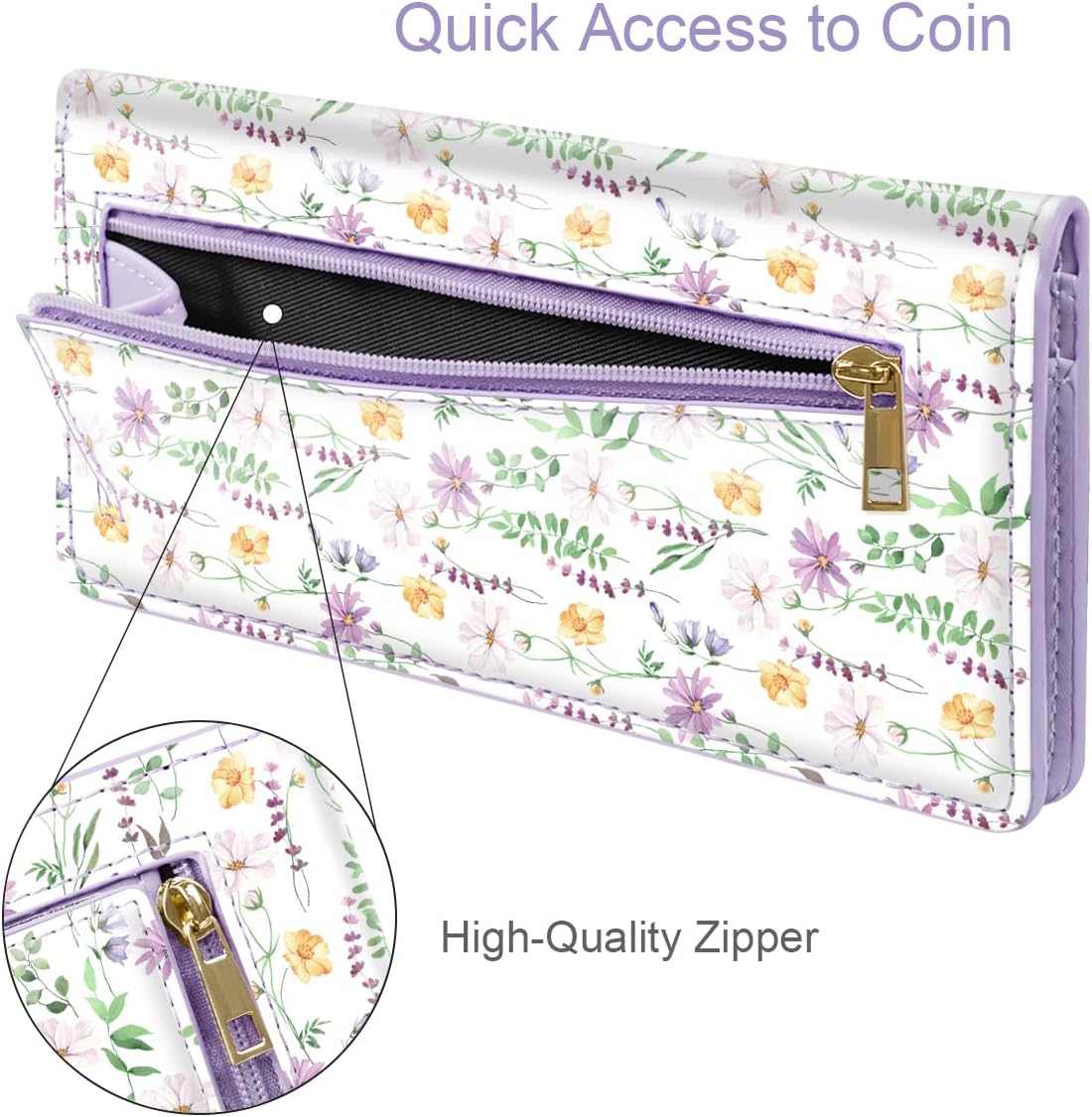 Ultra Slim Womens Wallet Minimalist Thin Long Leather Bifold Wallet RFID Blocking Card Holder Organizer with Zipper Coin Pocket Ladies Girls Gift Purse, White Daisy - Image 5