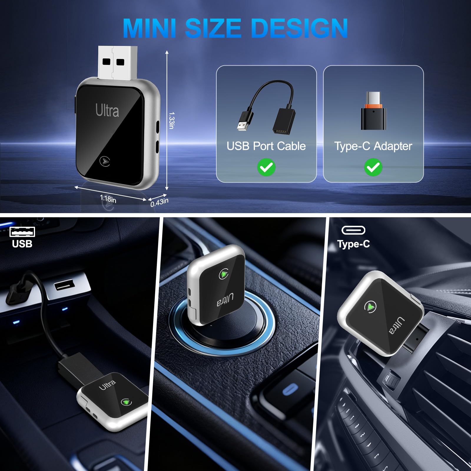 Wireless CarPlay Adapter 2-in-1, 2025 Aufgerüstet Wired zu Wireless für CarPlay/Android Auto, Mini-Design mit USB & Type-C-Verlängerung, Kompatibel mit iPhone iOS 10+ & Fahrzeugen mit Wired CarPlay
