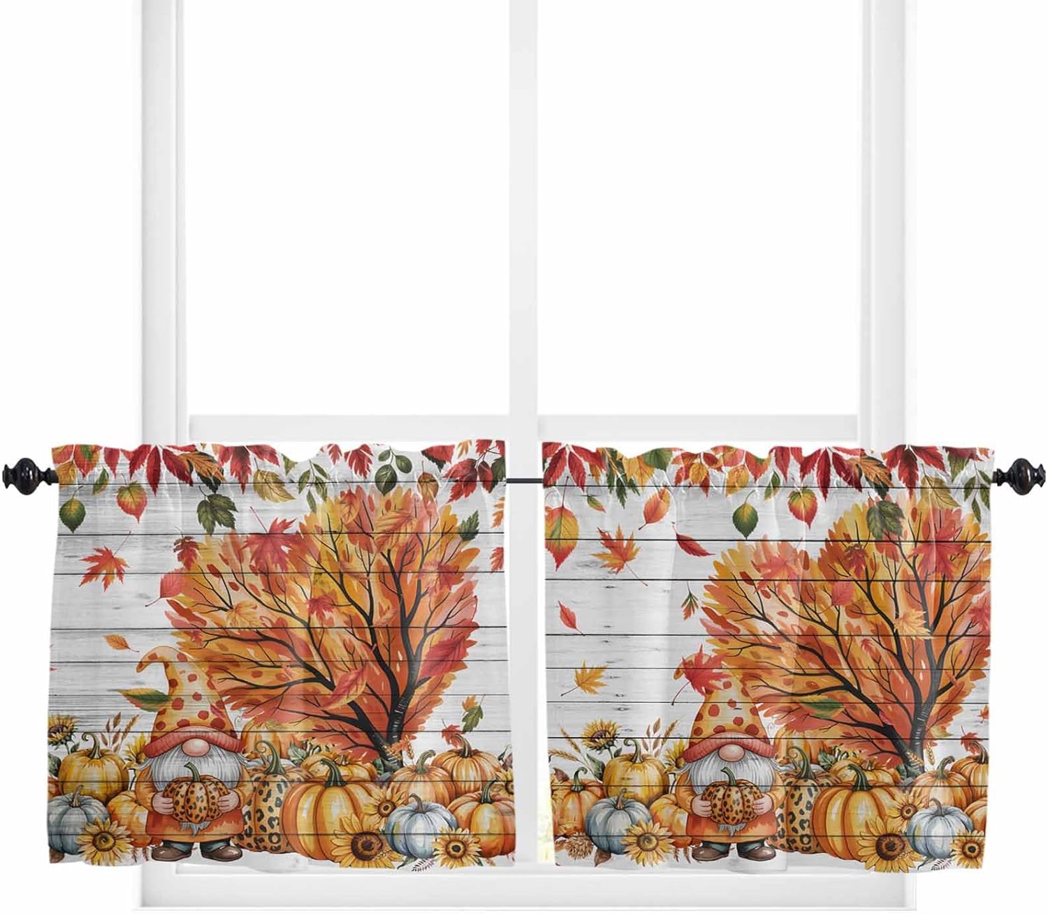 Orange Yellow Gnomes Fall Kitchen Curtains, Thanksgiving Botanical Leaves Wooden Light Filtering Window Curtain, 2Pcs Rod Pocket Window Treatments Set for Living Room Bathroom Bedroom 52x72 Inches