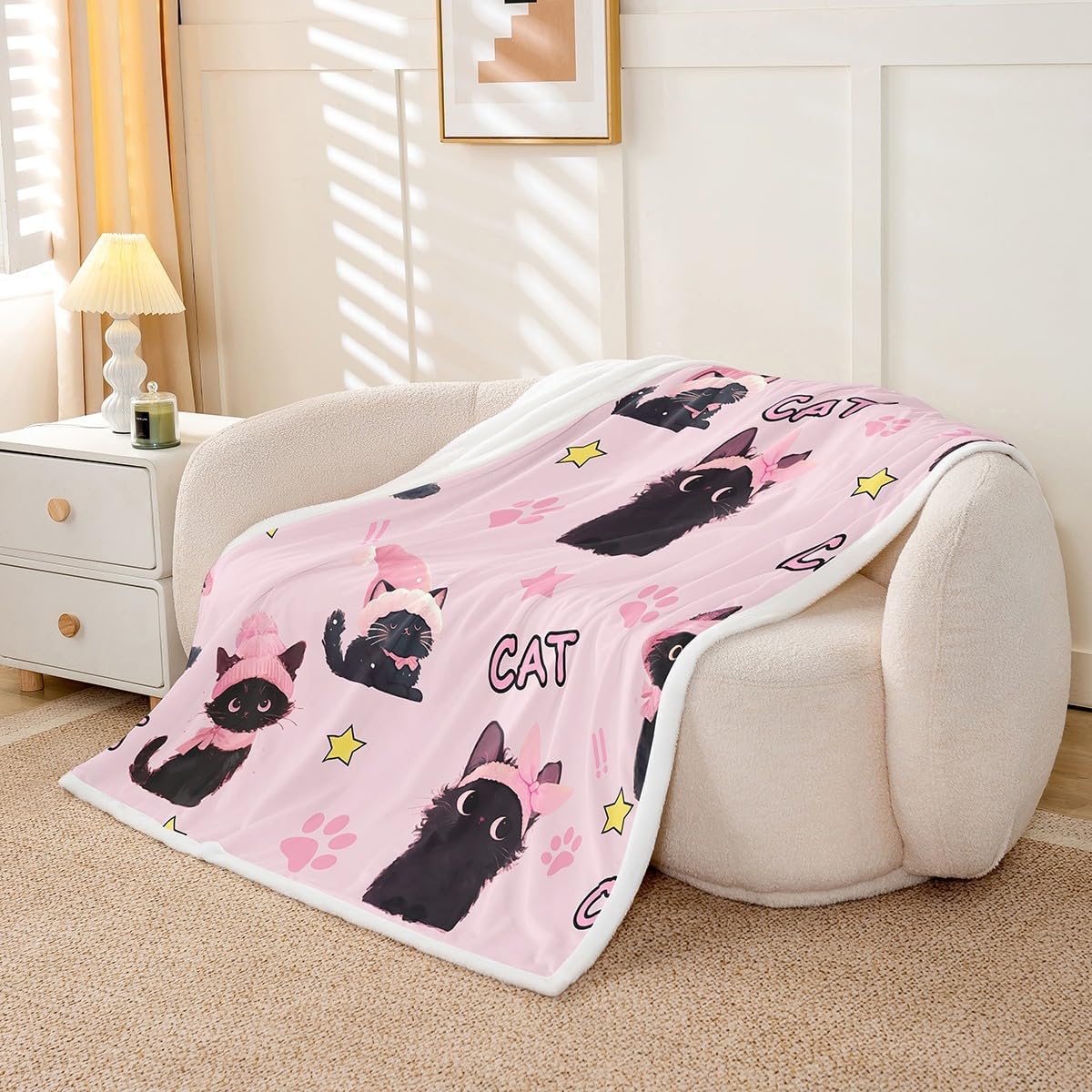 Kawaii Cats Flannel Blanket,Watercolor Black Cute Family Pet Animal Fuzzy Blanket for Children Present,Pink Paw Print Stars Pattern Polyester Throw Blanket for Couch, Twin Size (60 x 80 Inch)