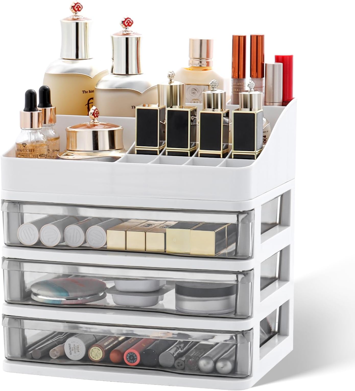 ELUCHANG Make Up Organiser Storage Drawers Large Cosmetic Organisers with 13 Compartments 3 Drawers Separate Top Dressing Table Dust-proof Waterproof Makeup Organiser Storage for Bedroom Bathroom