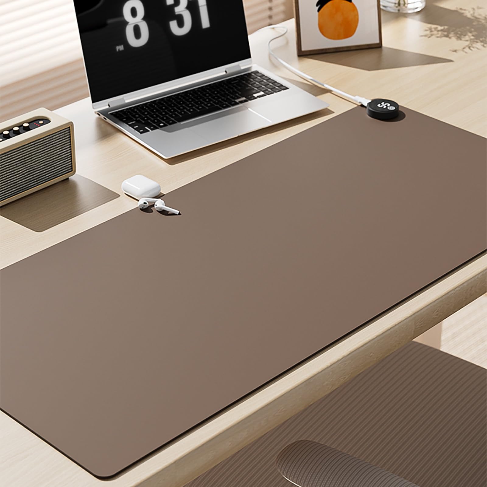 Tappeto Riscaldante in Pelle Sintetica, Tappeti Riscaldanti con 5 Livelli di Riscaldamento, Come Scaldamani per Tastiera e Tappetino per Mouse da Gaming per la Casa(Brown)