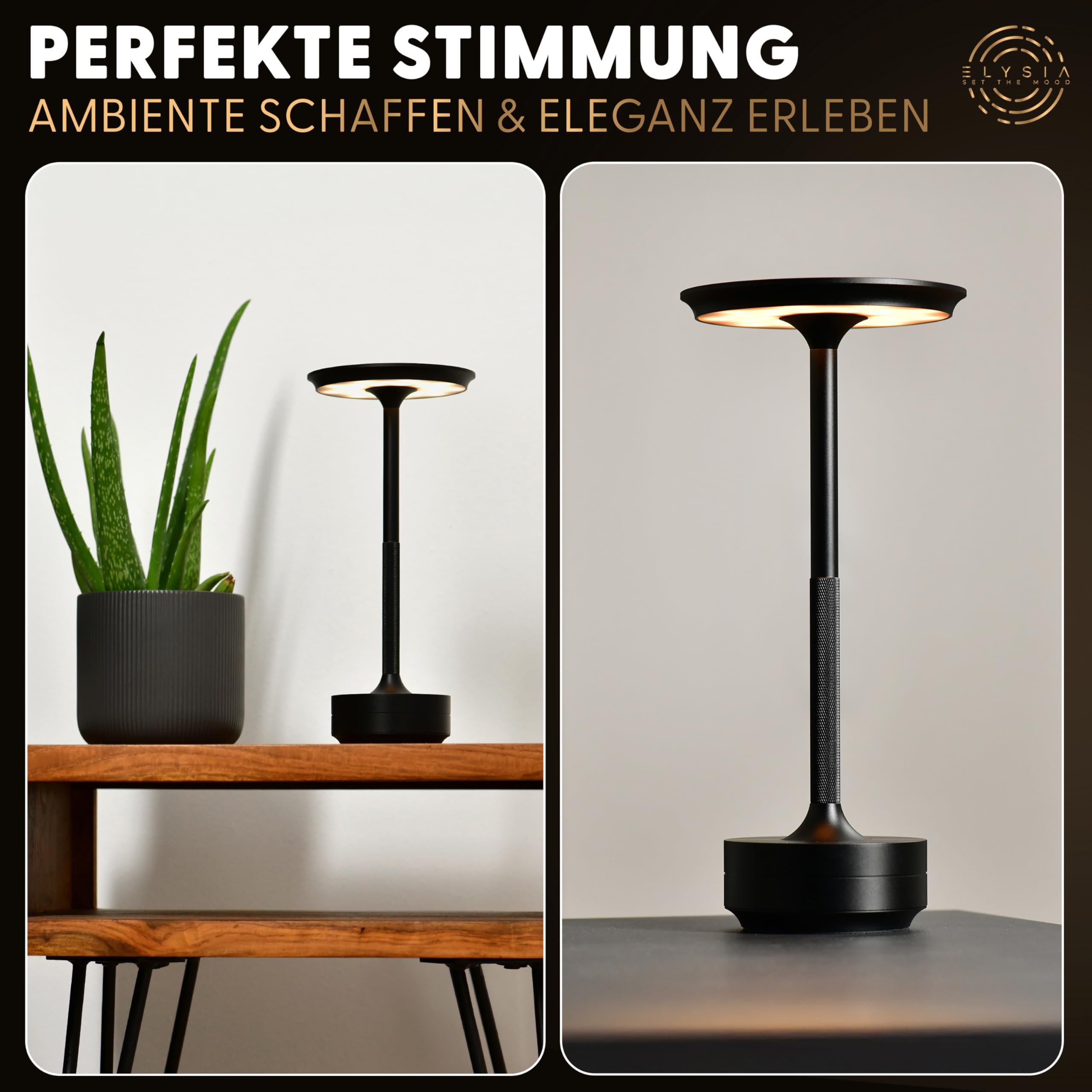 ELYSIA LED Akku-Tischleuchte Dimmbare Tischlampe Kabellos mit Touch für Innen & Outdoor [IP54], (extra-) Warmweiß [2200K-2700K-3200K], USB-C, Wieder-Aufladbare Nachttischlampe, Aluminium, Schwarz