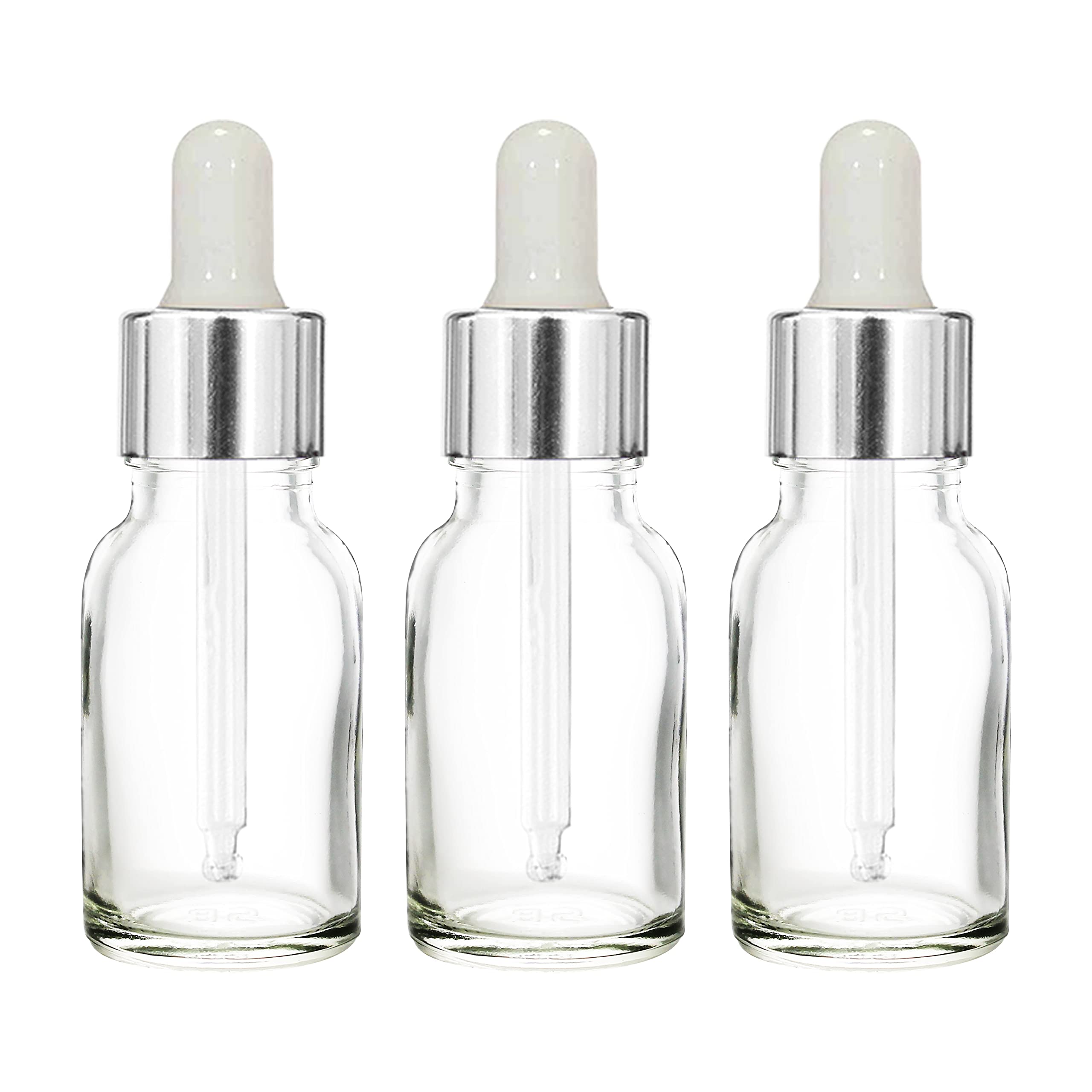 nsb herbals 15 ML Clear/Transparent Round Empty Glass Bottle + Glass Dropper + Silver Ring + Silicone White Teat, Refillable, Reusable, Leak Proof For Essential Oils, Perfumes (Pack Of 6)