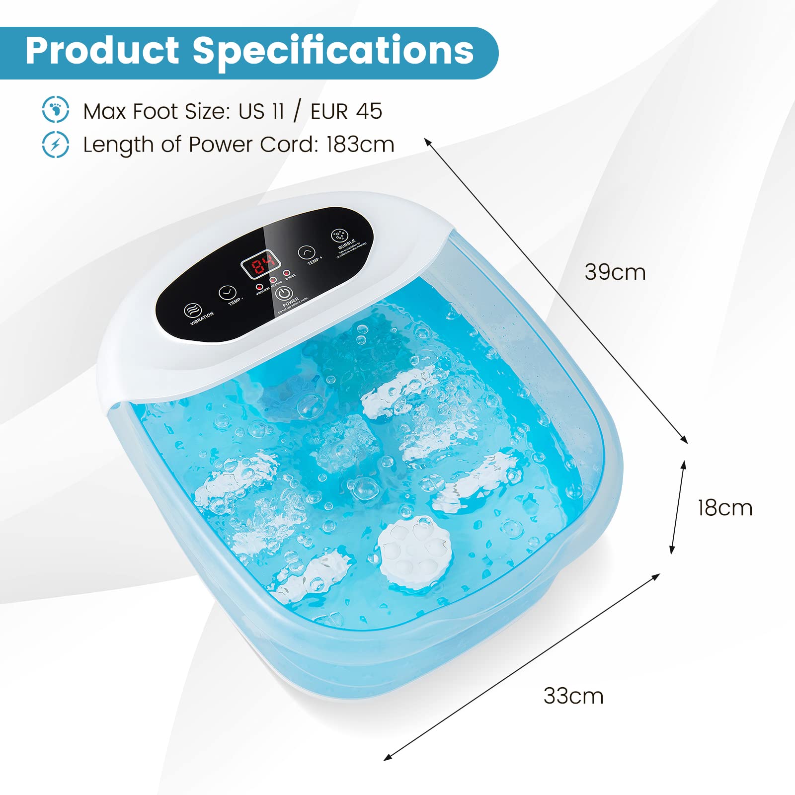 RELAX4LIFE - Baño de pie masajeador, baño de masaje con pies de vibración con burbujas, temperatura ajustable 35-46 ℃, piedra de pedicura, perlas de masaje extraíbles, apagado automático para, Azul