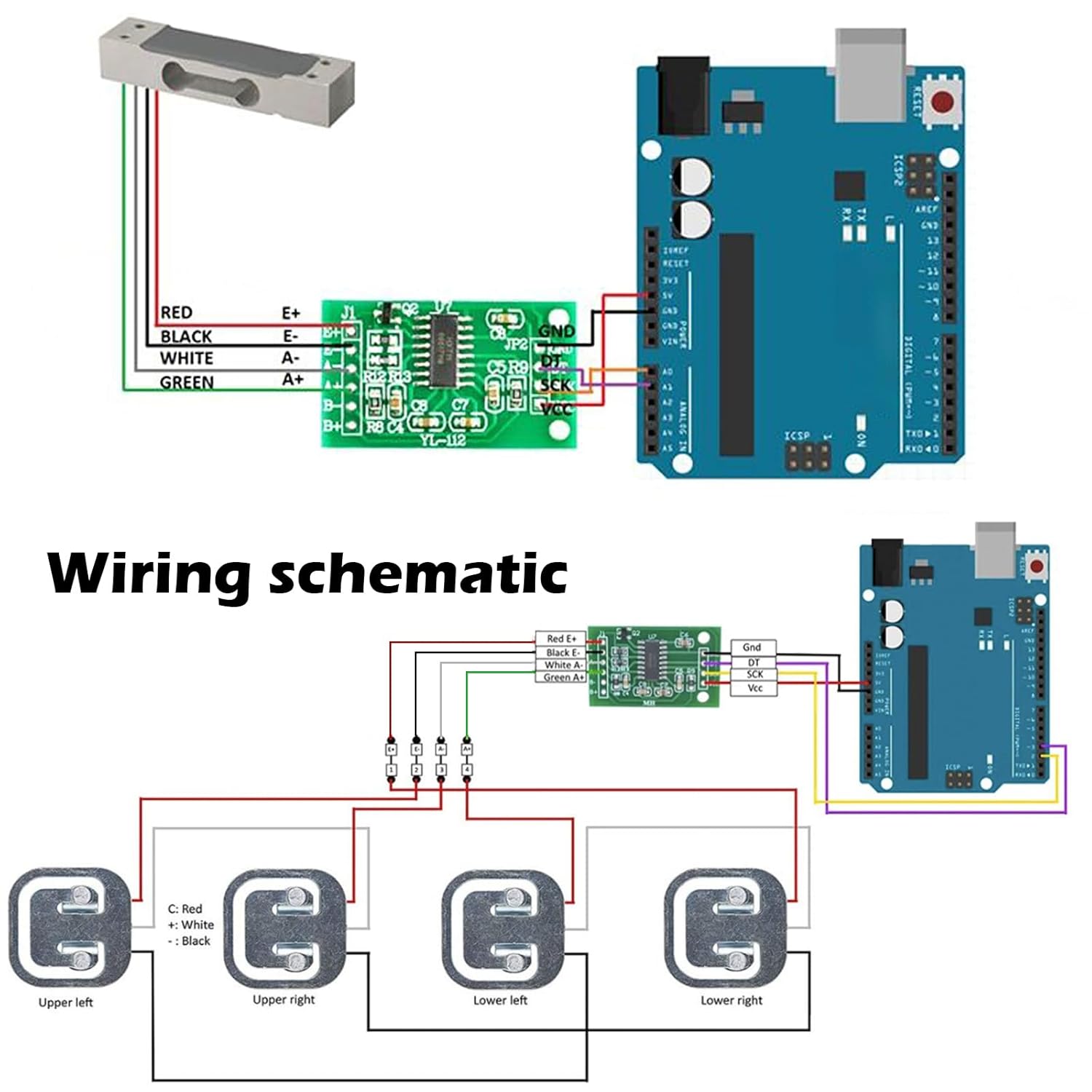 Wiring schematic connecting HX711 module to Arduino with a load cell
