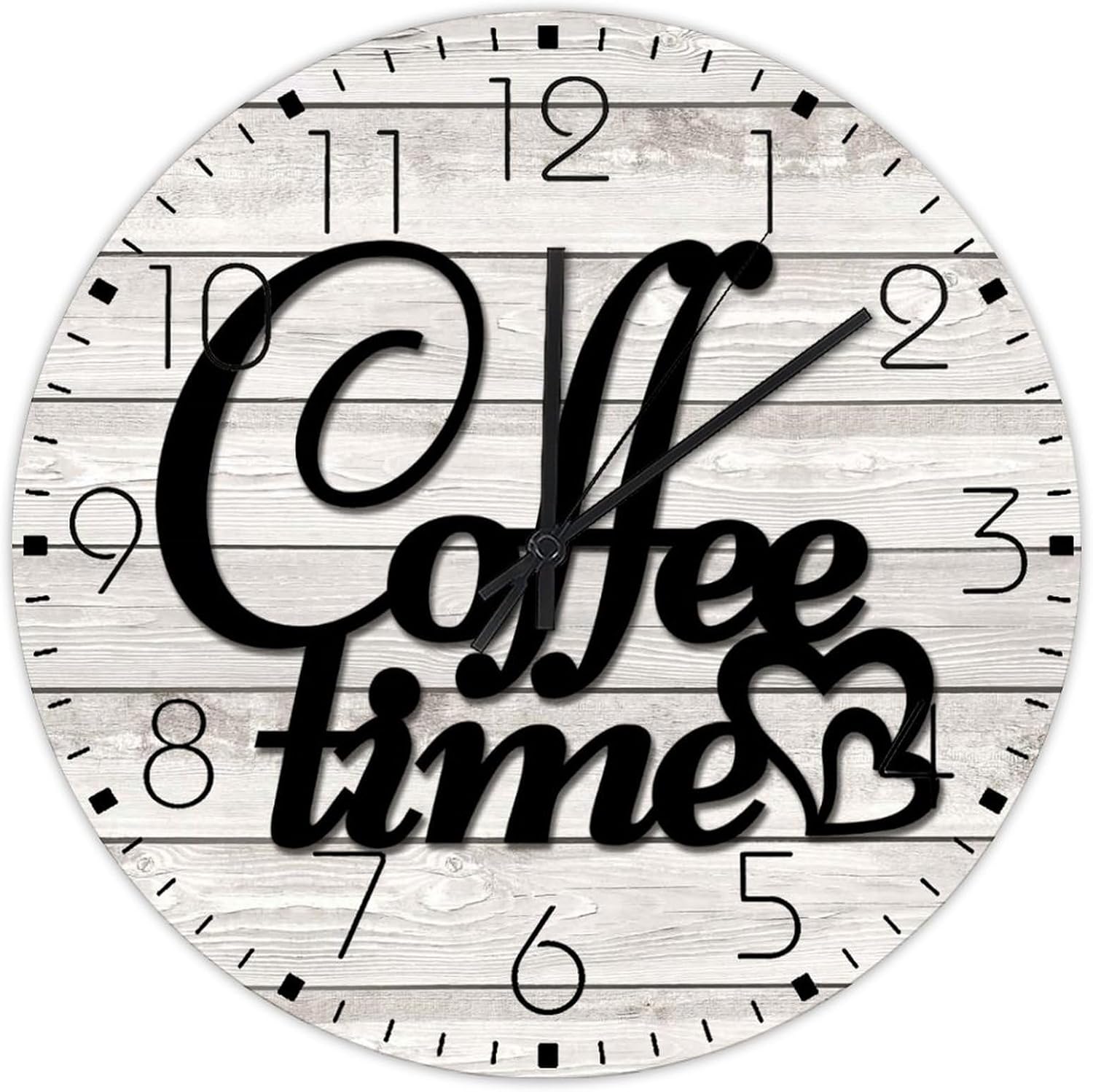 Wood Hanging Wall Clock Battery Operated Non Ticking Coffee Time Farmhouse Wall Clocks Coffee Tea Cup Cafe Pub Home Decor for Nursery Garage Children's Room 15 Inch