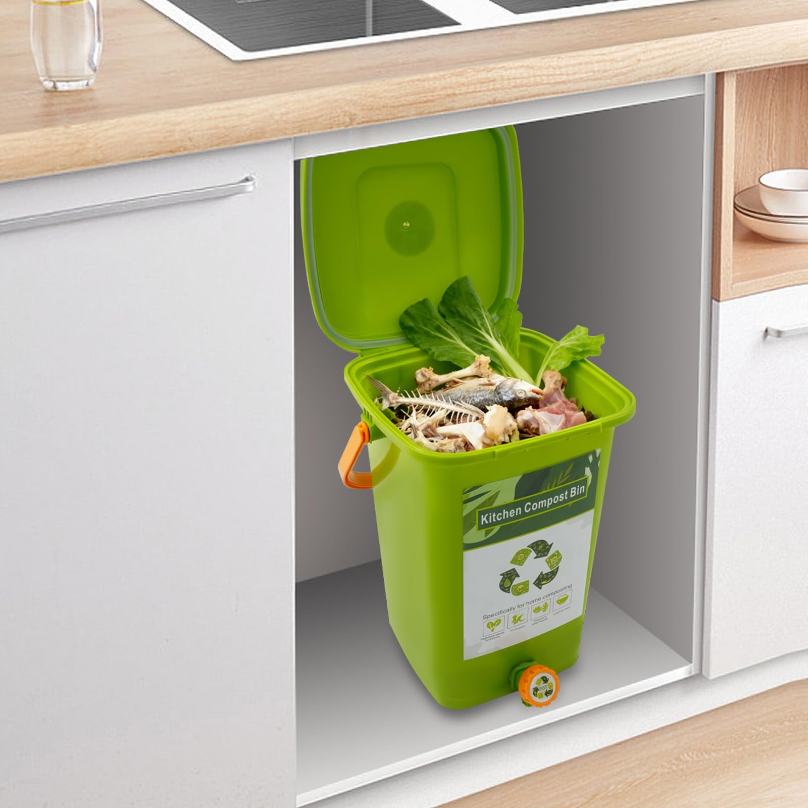 Poubelle bio de cuisine 10 l/15 l/20 l, seau bio avec double couvercle, poubelle à compost anti-odeurs pour déchets et recyclage, bac à compost pour plan de travail, balcon et jardin (15 l)