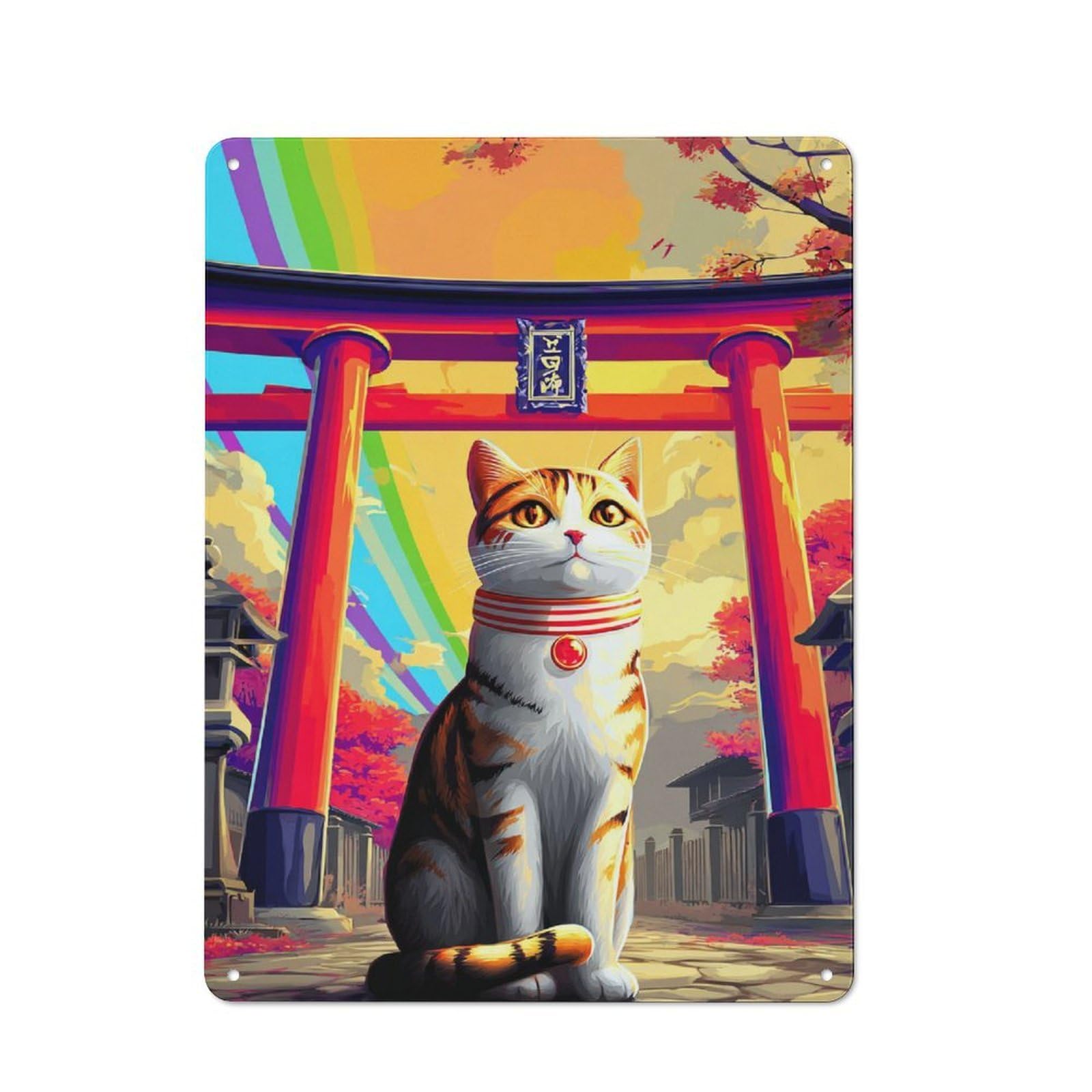 Simple Retro Rainbow Torii Gate with Guardian Cat Metal Wall Plaque 40x30cm, Creative Space Decor for Office, Study, Studio Or Hallway