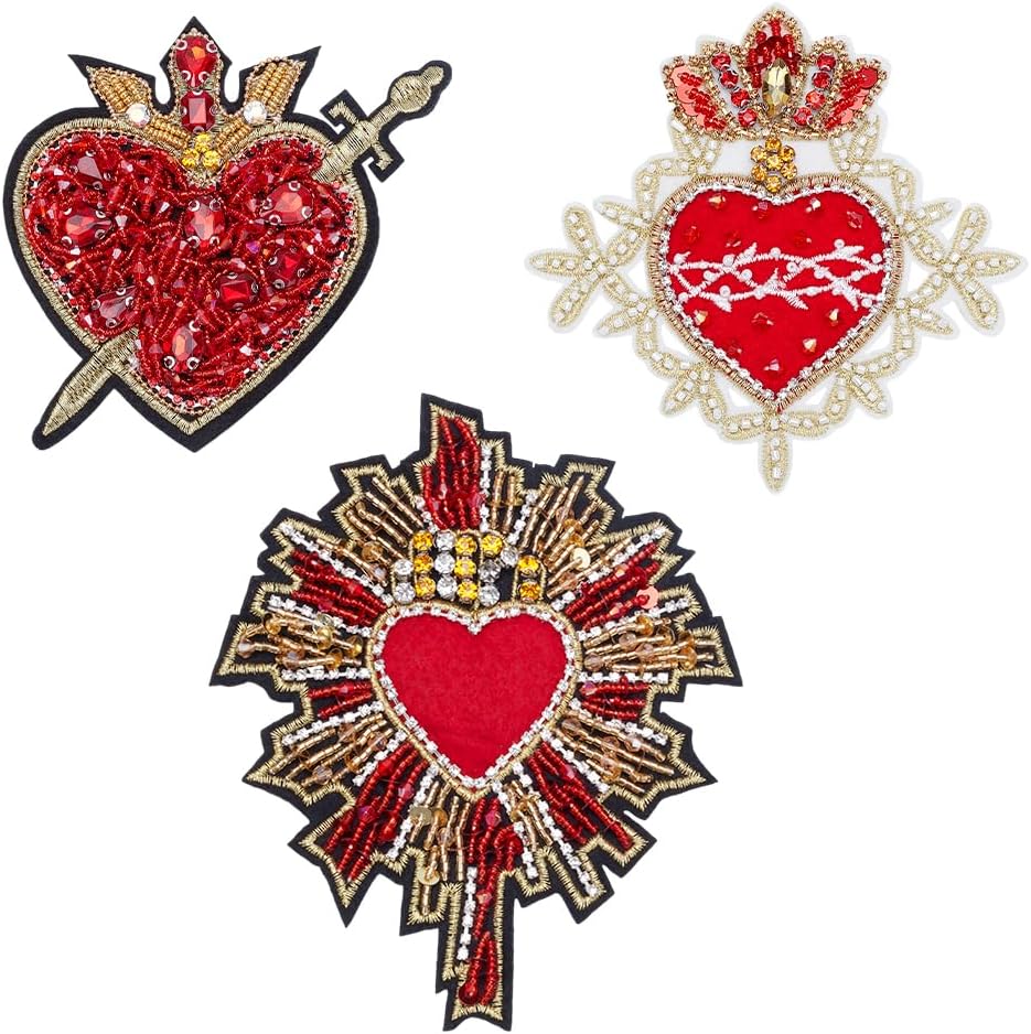 FINGERINSPIRE 3 Pcs 3 Styles Red Heart Beaded Patch 5.8x4.8inch Crown Heart Rhinestone Beaded Patches Heart Beaded Applique Beaded Embroidery Patches Applique for Coat Clothing Decoration