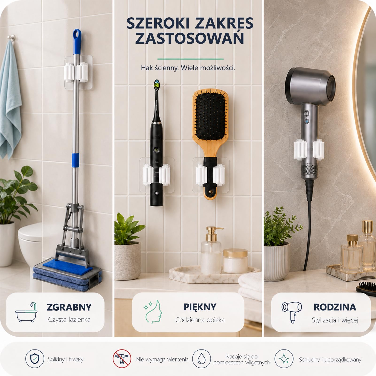 4 Szt. Samoprzylepne Uchwyty na Miotły, Wieszaki Ścienne na Miotły i Mopy, Bez Wiercenia, Łatwy Montaż, Zastosowanie w Kuchni, Łazience, Ogrodzie, Garażu i Innych Pomieszczeniach