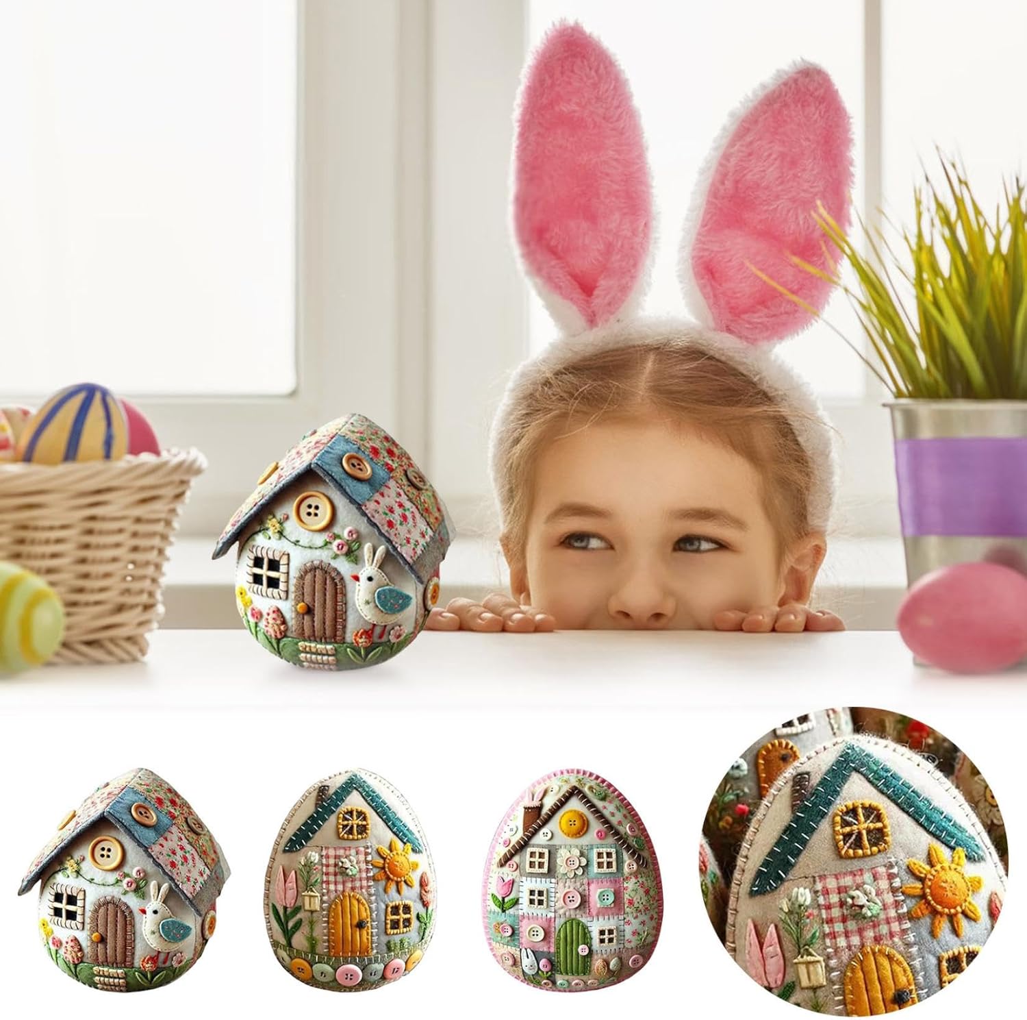 Patchwork Felt Easter Egg DIY Craft Kit, Hand-Embroidered Egg House Making Set with Materials & Instructions, Colorful Festival Decor for Home Easter Party Arrangements (Pink)
