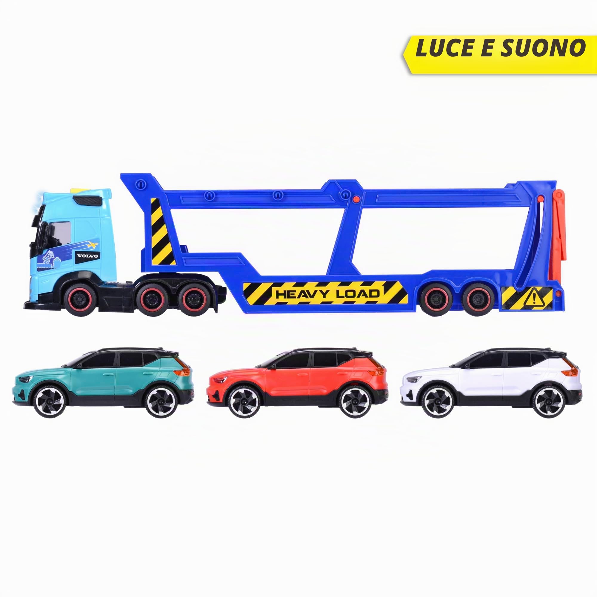 Dickie Toys -Trailer Trasportatore per Auto Volvo 40 cm- Camion FH16 con Rimorchio, Include 3 Auto XC40 Recharge, Effetti di Luce e Suoni, Giocattolo per Bambini a partire da 3 Anni (203747017)