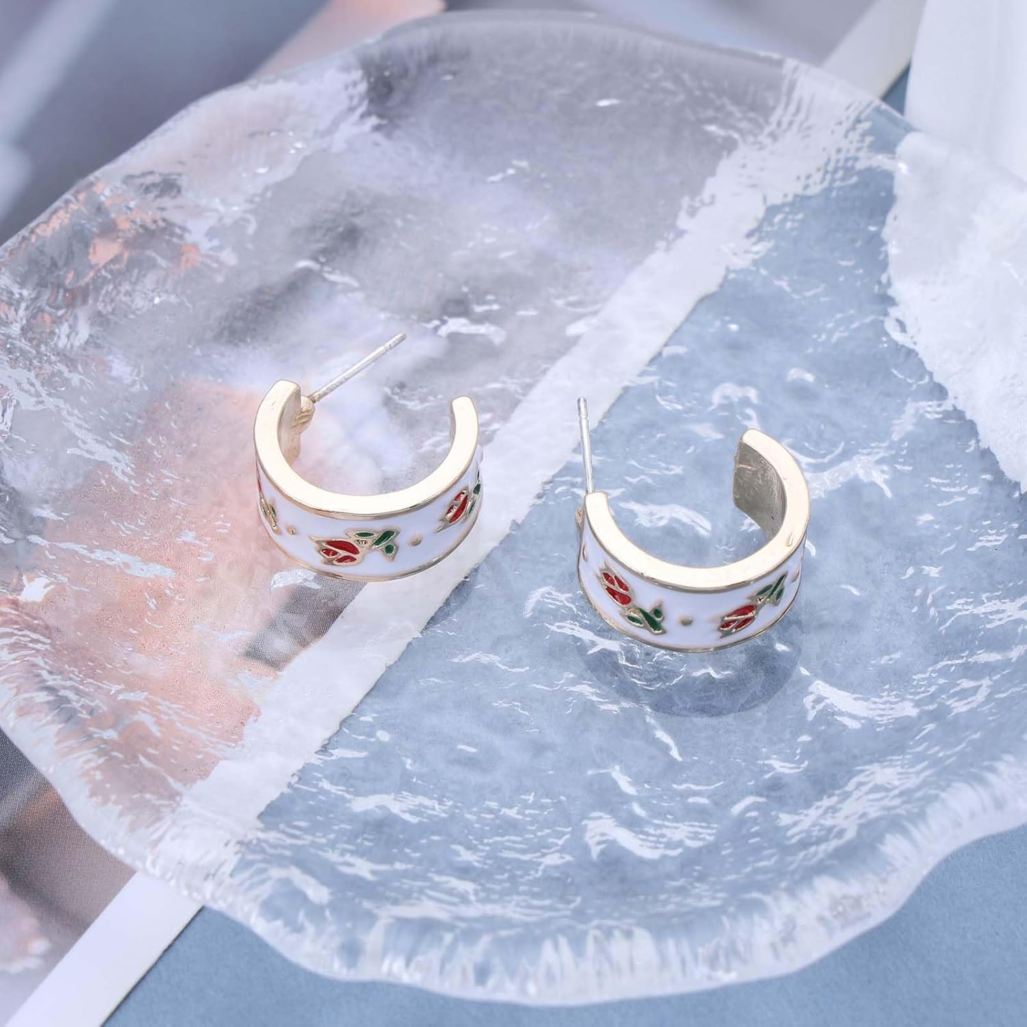 Vintage Enamel Flower Hoop Earrings Acrylic White Hoop Dangle Earrings Half Open Hoop Earrings Tulip C Shape Earrings Jewelry for Women - Image 3