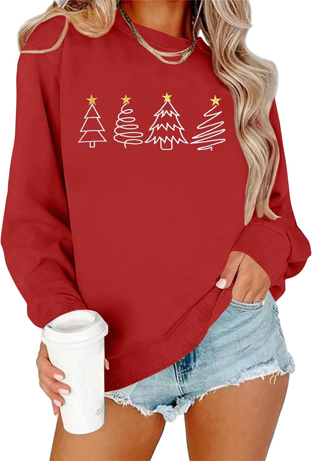 PICKID Christmas Sweatshirts for Women Embroidered Christmas Tree Shirt Xmas Tree Gift Casual Long Sleeve Pullover Tops
