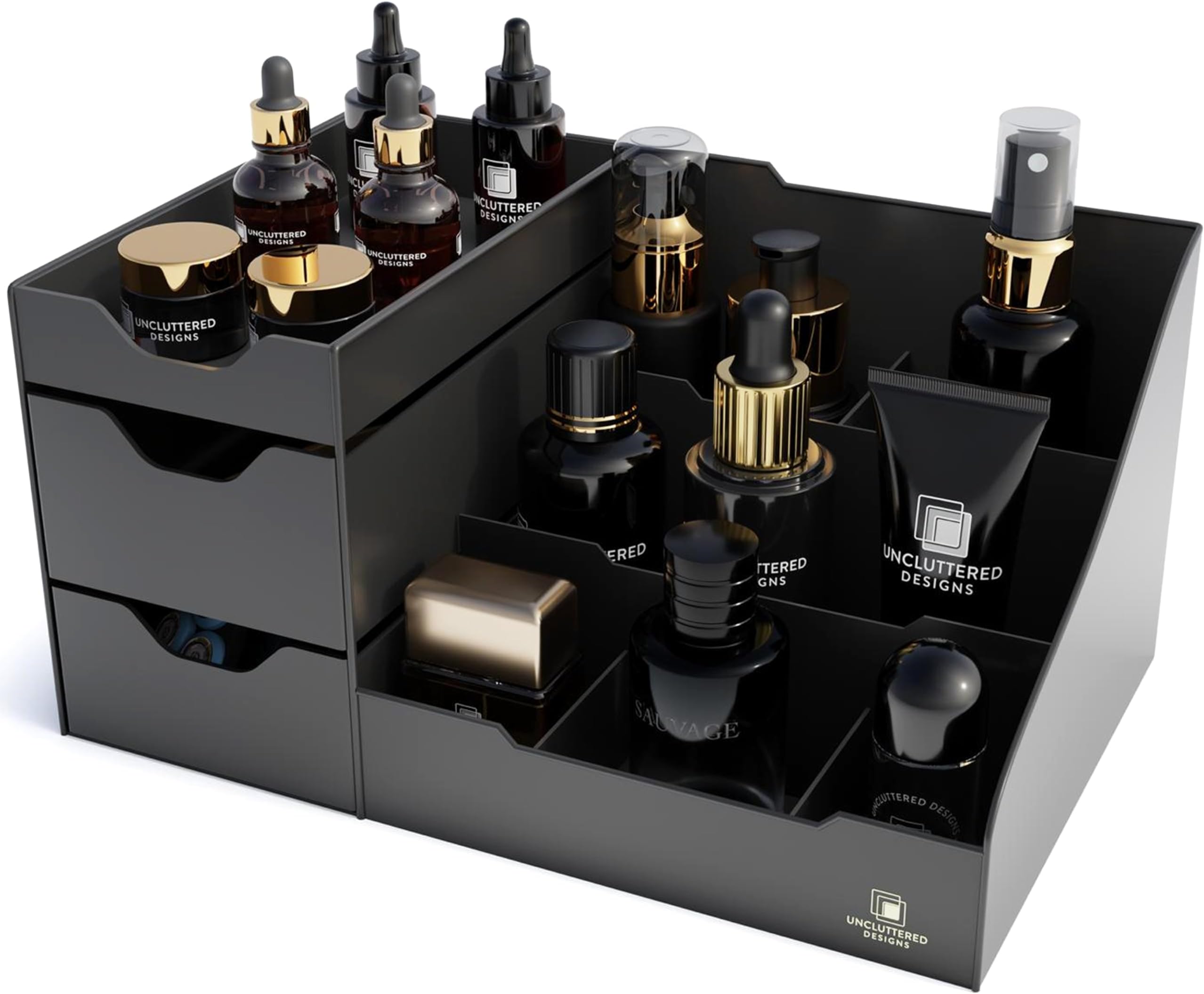 Uncluttered Designs Large Black Vanity Organizer - Countertop Mens Organizer With Drawers for Cologne, Deodorant, Beard, Shaving Lotion, Perfume & Skincare - Perfect for Bathroom & Bedroom Storage