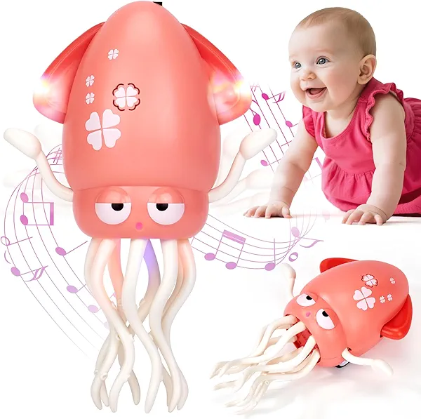 hahaland Baby Toys 12-18 Months - Crawling Dancing Squid Toy Tummy Time Toys Musical Moving Developmental Funny Baby Gifts Rechargeable Electric Octopus Toy for 1 Year Old Girl Gifts Stocking Stuffers